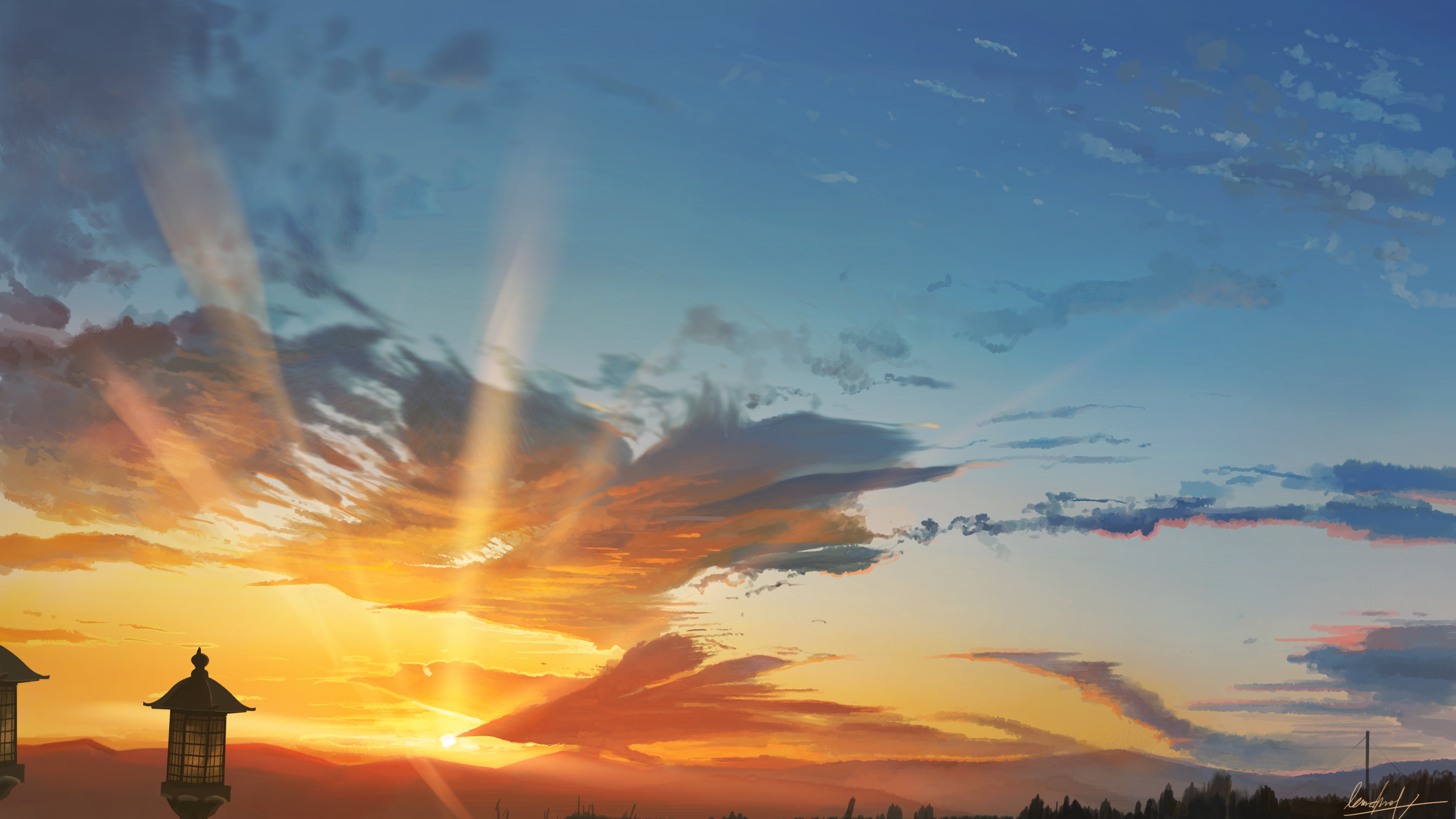 Anime 3840x2160 anime sunset sky blue sunlight clouds