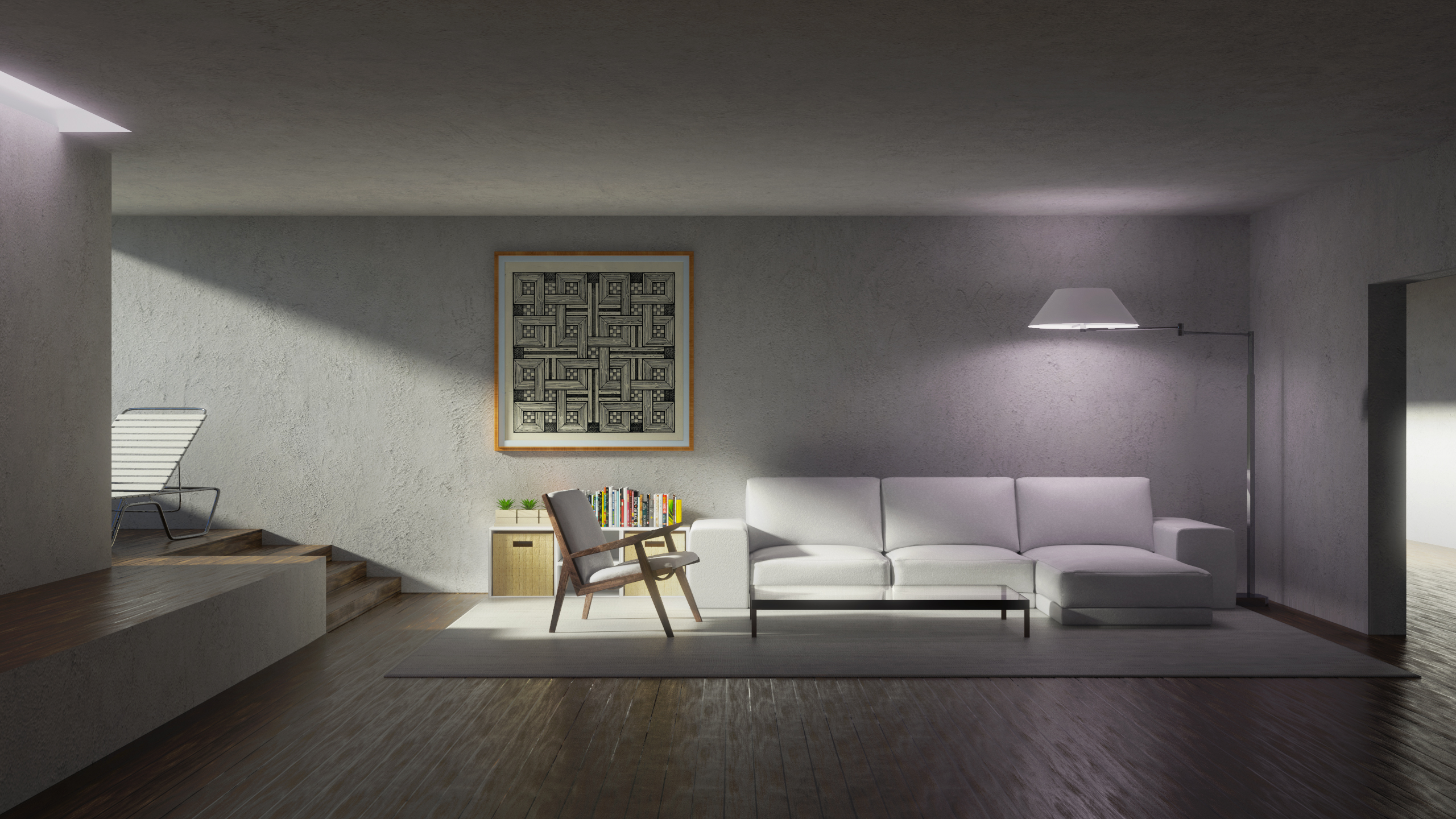 General 2560x1440 house living rooms interior interior design wood couch sunlight plaster artwork shadow loft CGI digital art abstract