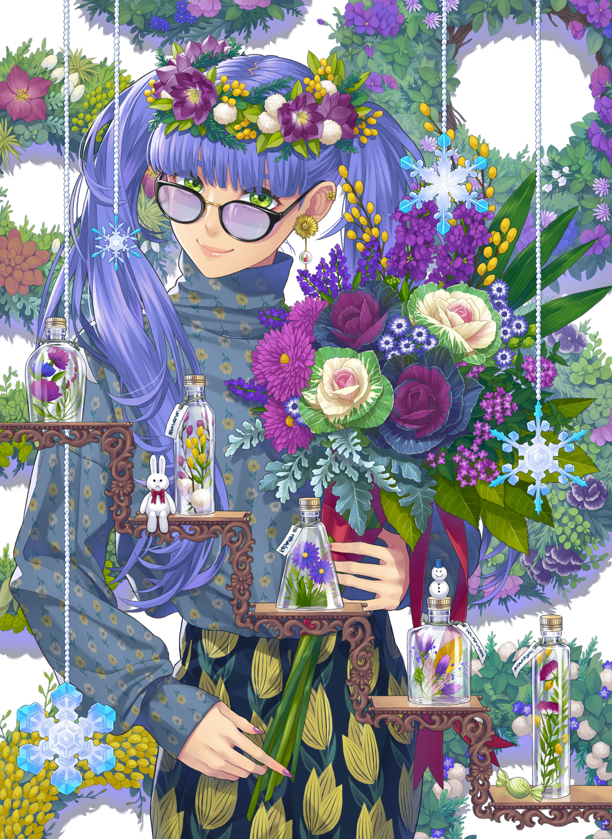 Anime 1200x1644 anime anime girls blue hair flowers plants long hair colorful