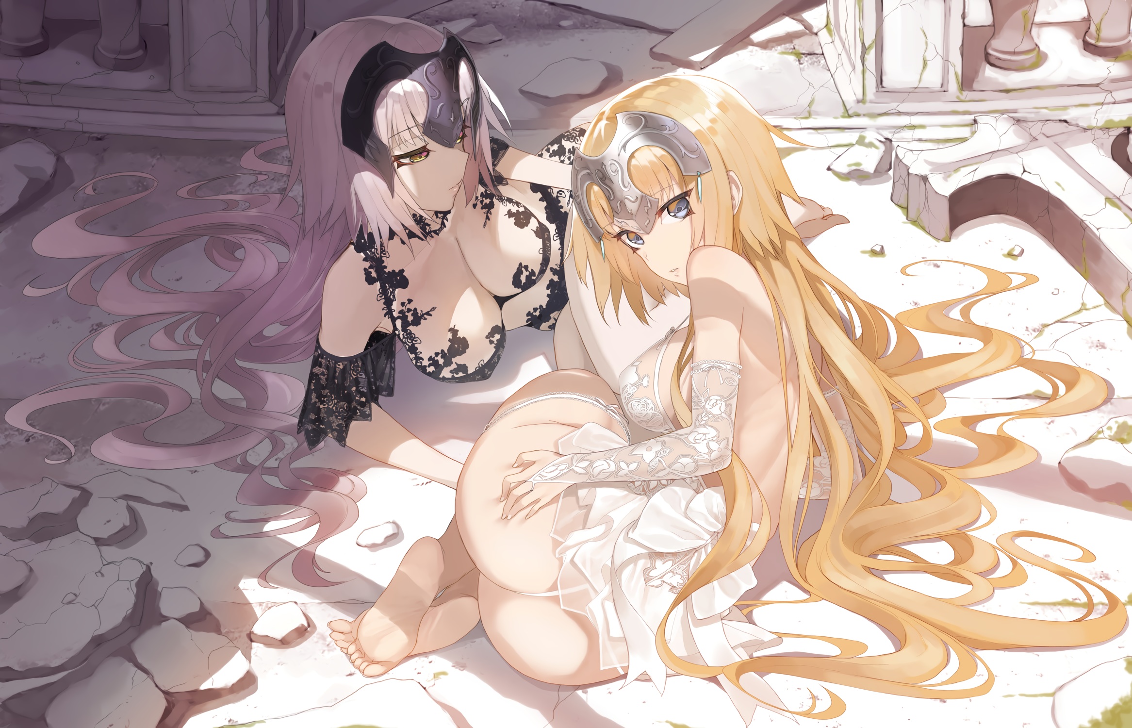 Anime 2333x1500 Fate/Grand Order Jeanne (Alter) (Fate/Grand Order) Jeanne d'Arc (Fate) Fate series ass yellow eyes blonde blue eyes long hair barefoot cleavage white hair dress high angle detached sleeves