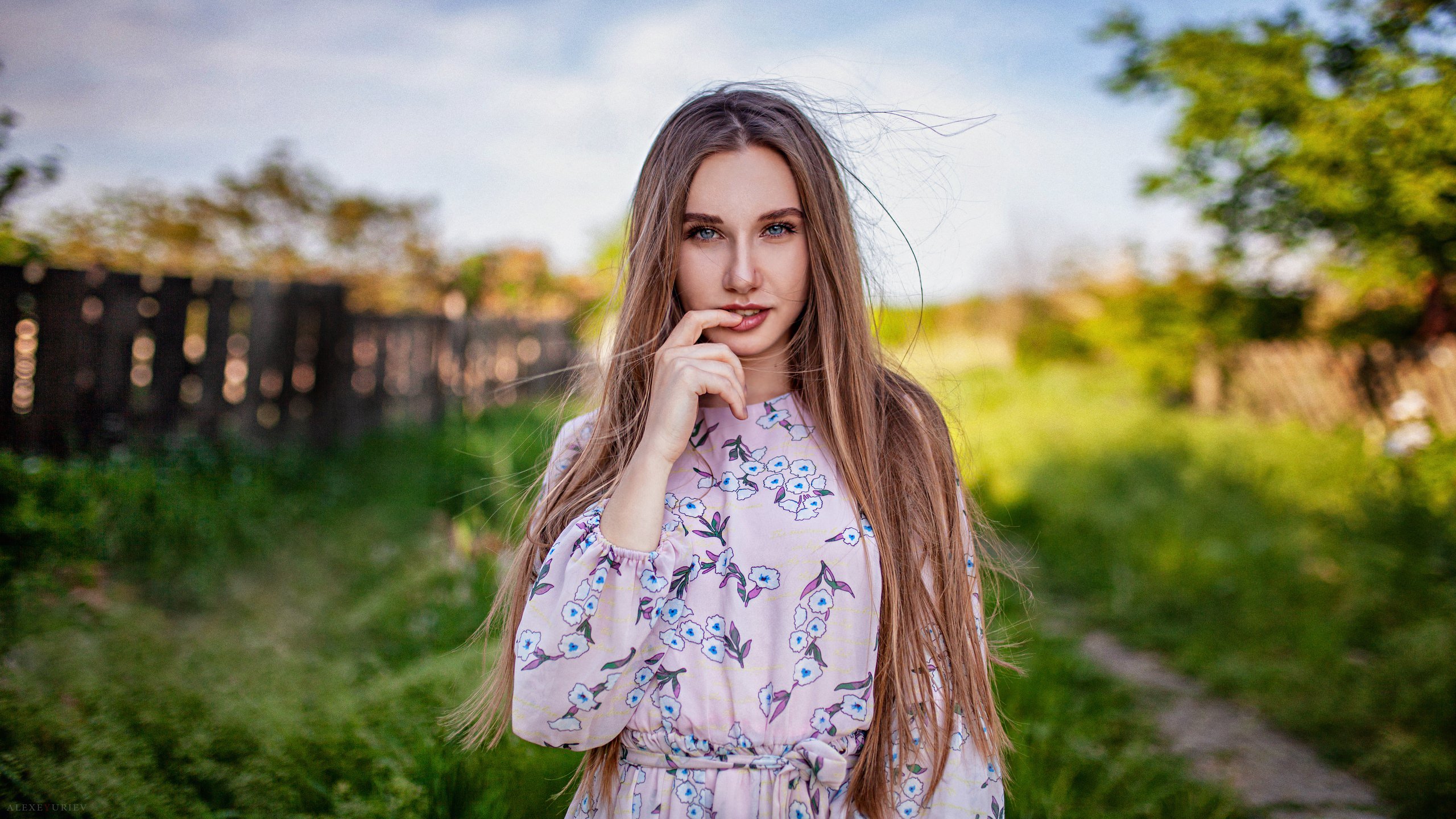 People 2560x1440 women Diana Furmanova dress women outdoors long hair grass portrait finger on lips blue eyes watermarked Alexey Yuryev