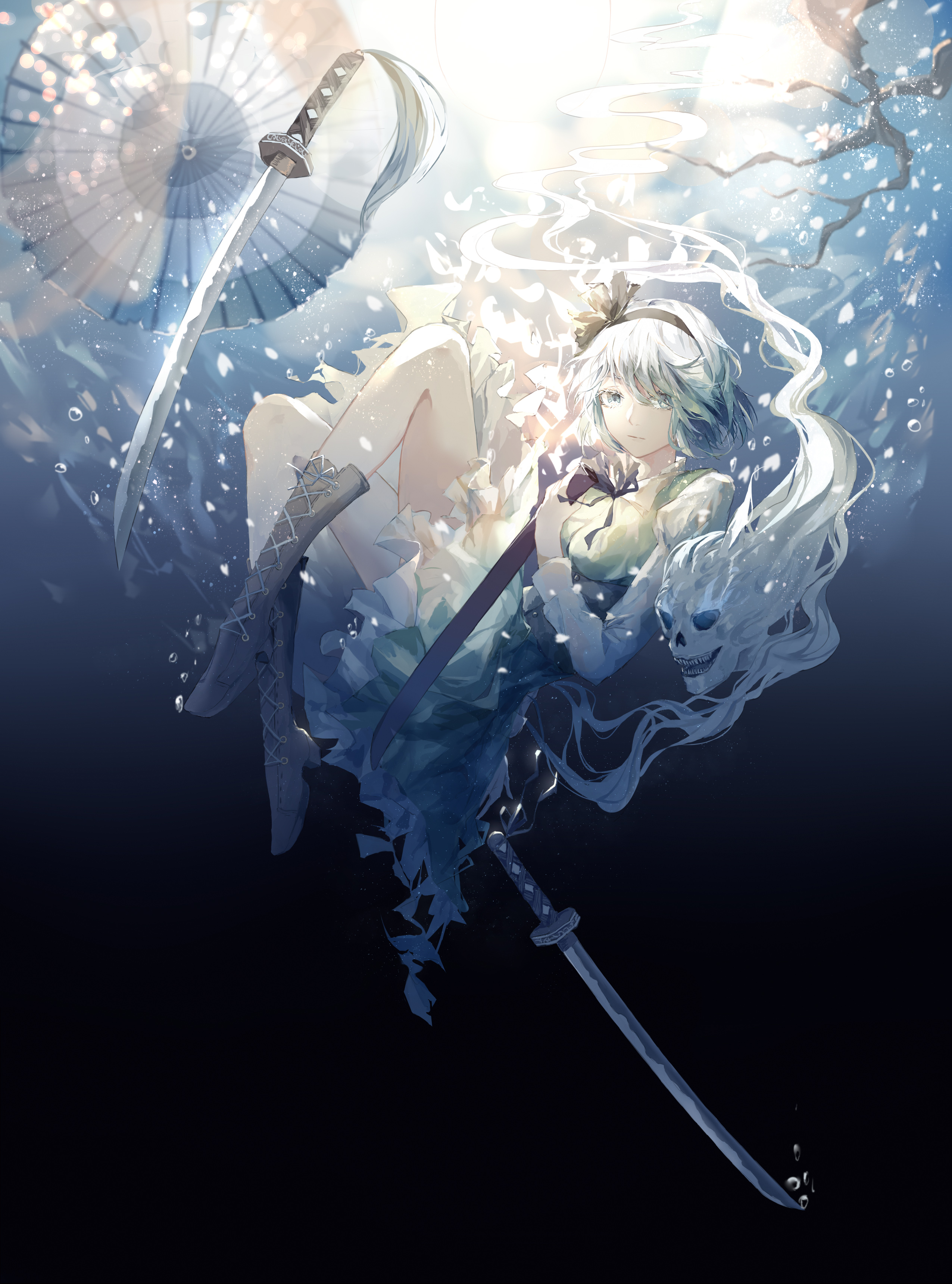Anime 2551x3437 anime anime girls short hair white hair blue eyes sword water underwater Touhou Konpaku Youmu portrait display