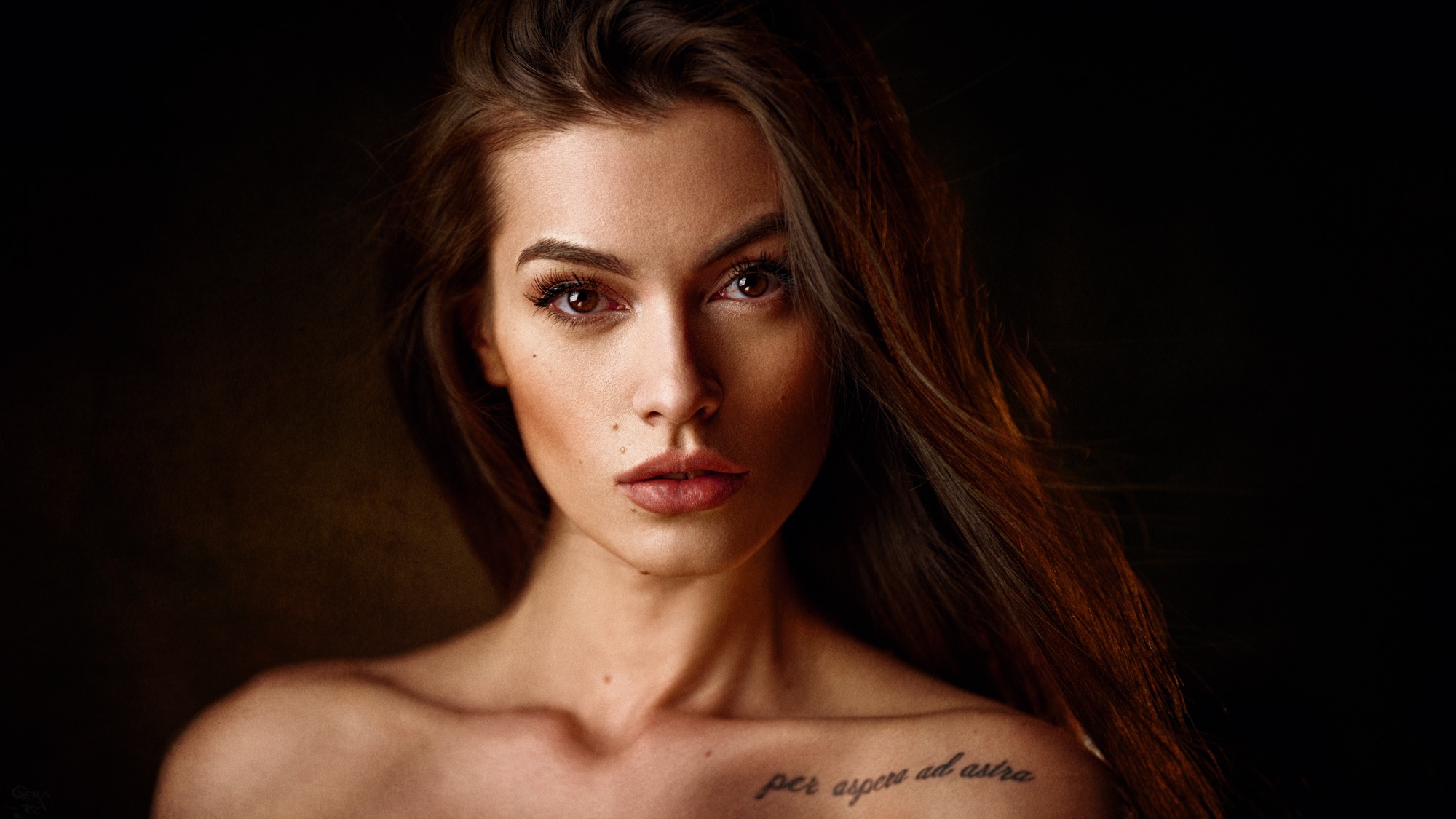 People 2000x1125 women model brunette long hair brown eyes looking at viewer face portrait closeup bare shoulders tattoo bokeh dark dark background Georgy Chernyadyev