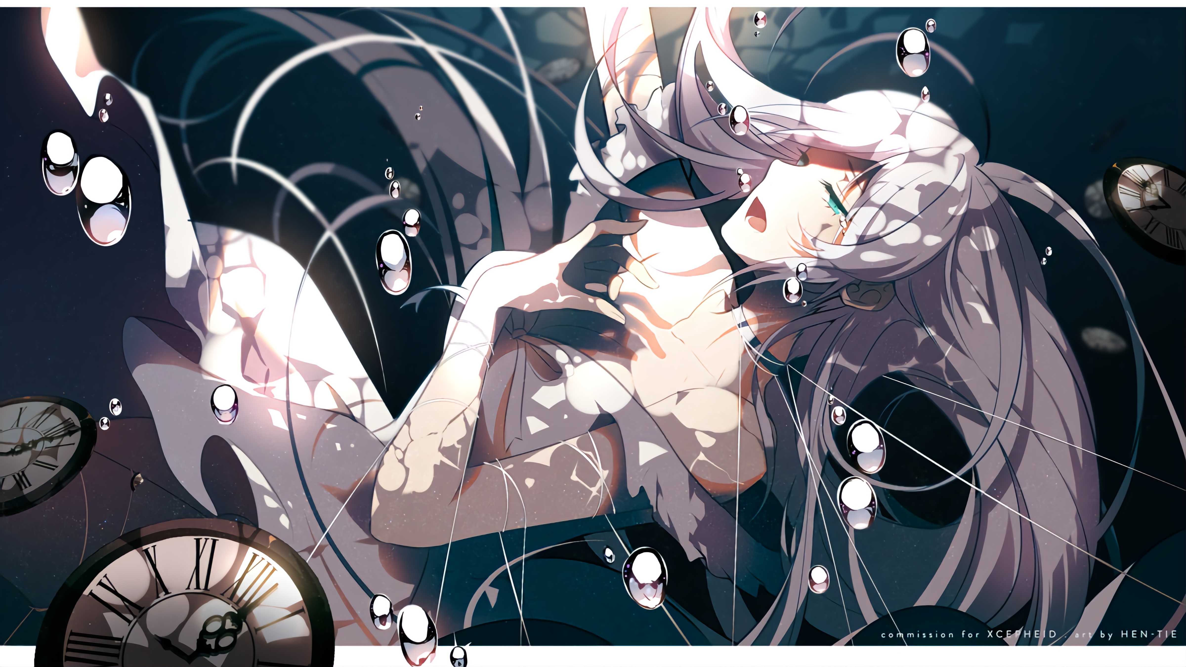 Anime 4800x2700 anime Vocaloid clocks drowning underwater water time white hair sad bubbles anime girls