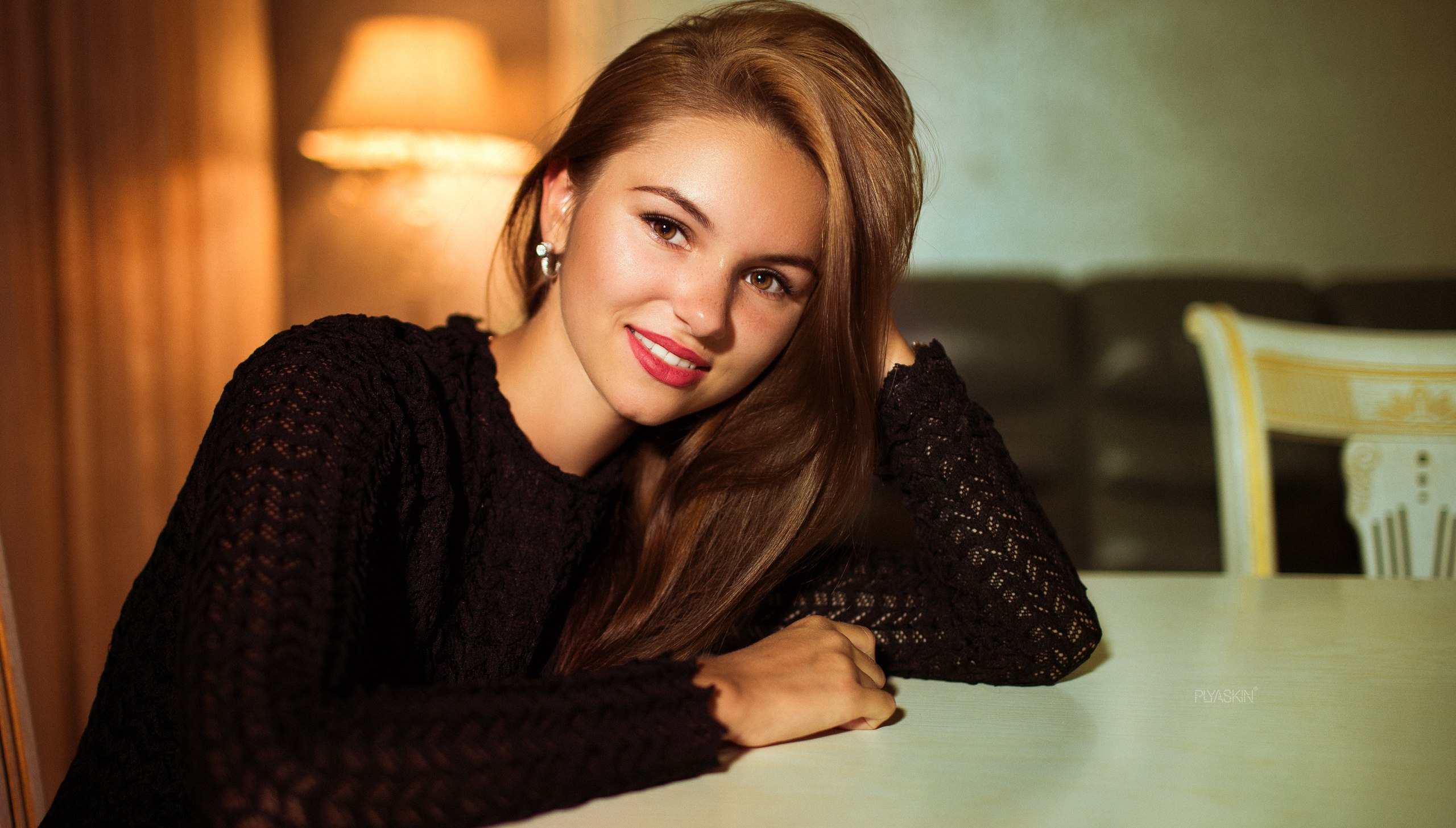 People 2560x1457 women brunette black clothing portrait brown eyes smiling face Valeriya Mironets Vitaly Plyaskin red lipstick long hair looking at viewer black sweater open mouth freckles hands on head straight hair table women indoors clean skin one arm up model closeup watermarked