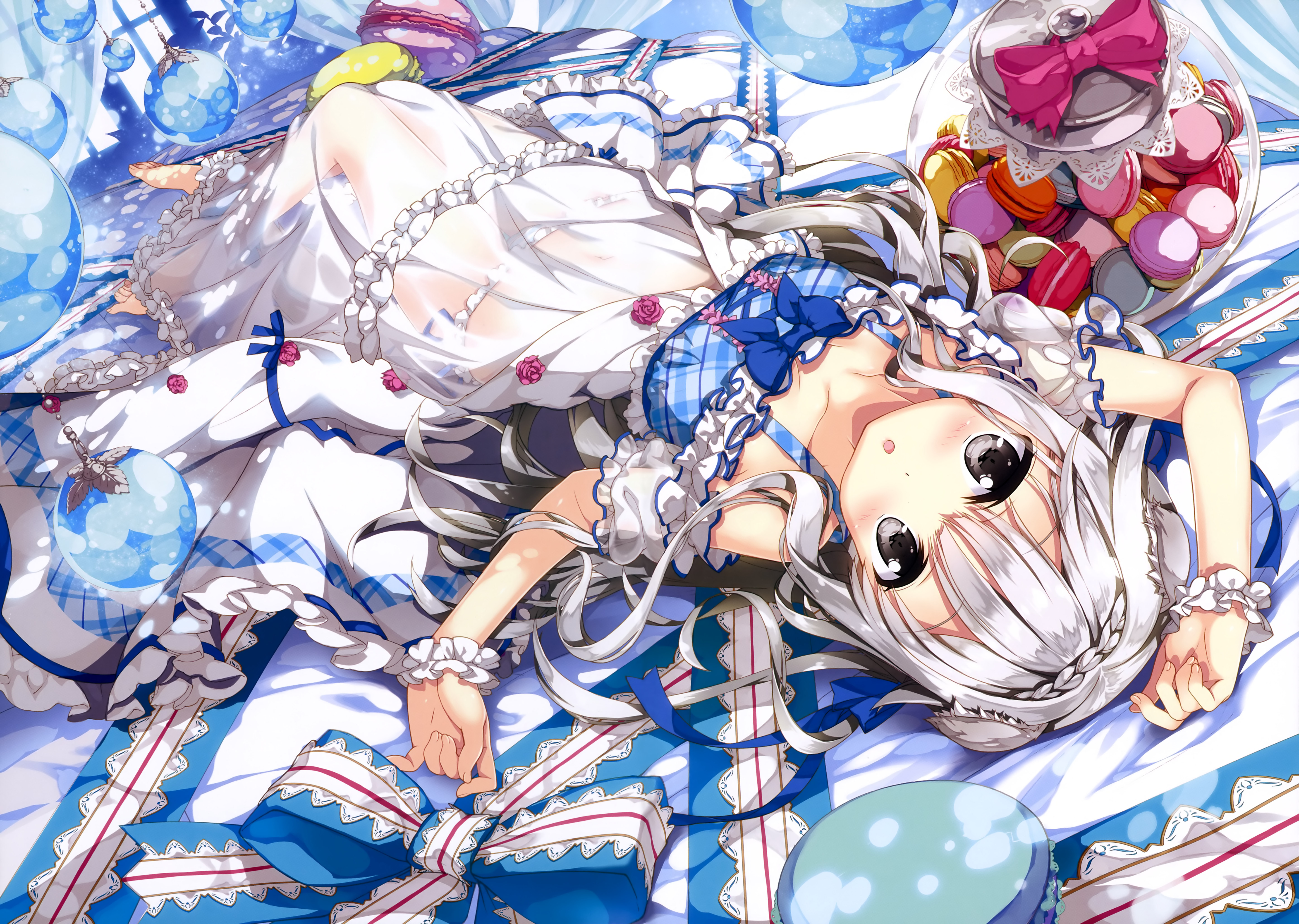 Anime 5739x4082 anime anime girls white hair lying down bare shoulders dress see-through clothing barefoot looking at viewer original characters open mouth panties