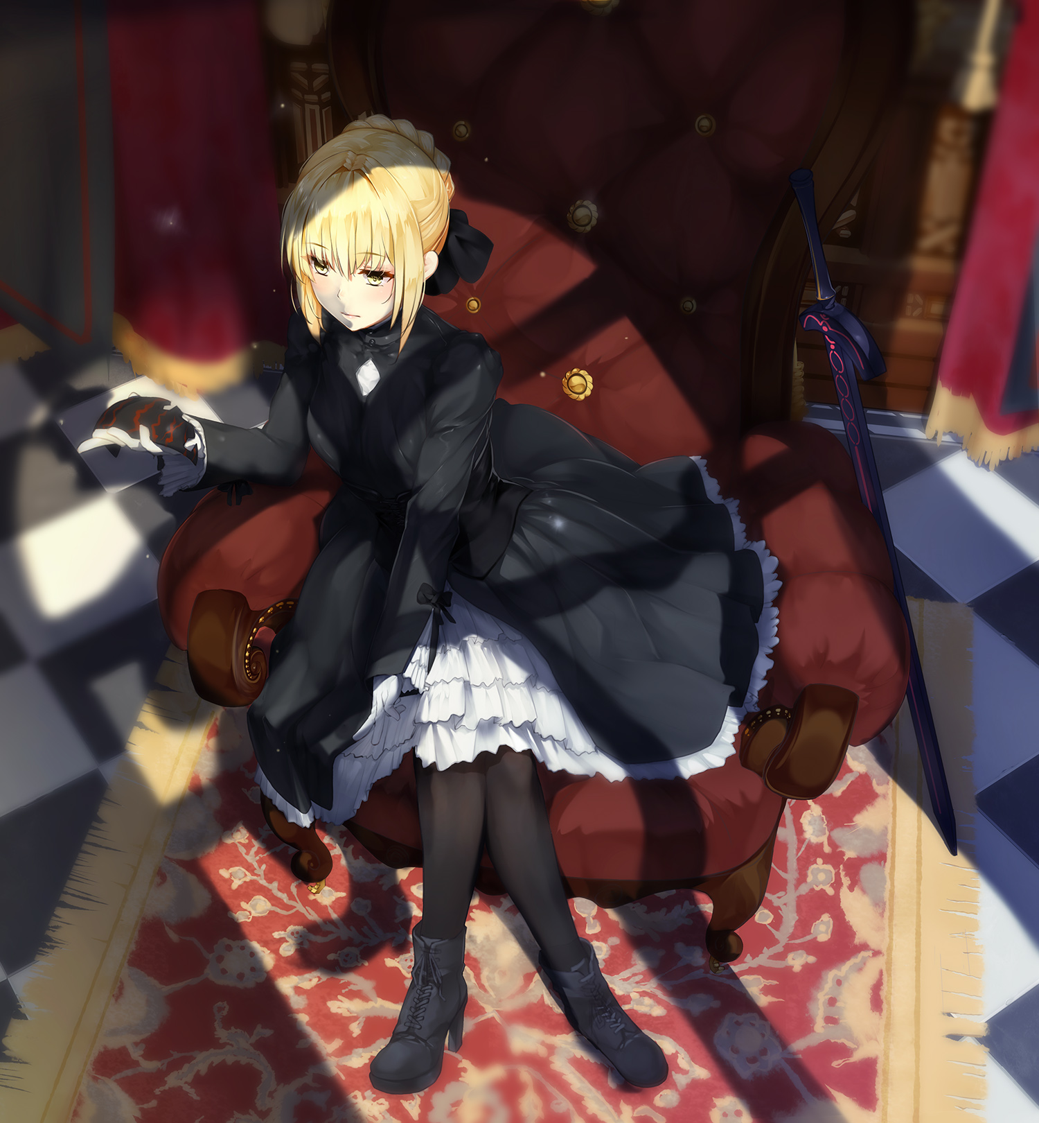 Anime 1500x1620 Fate series Fate/Stay Night anime girls Saber Alter fate/stay night: heaven's feel Fate/Grand Order Fate/Hollow Ataraxia black dress pantyhose blushing small boobs sitting gothic lolita white gloves thighs black boots Excalibur bangs yellow eyes 2D anime