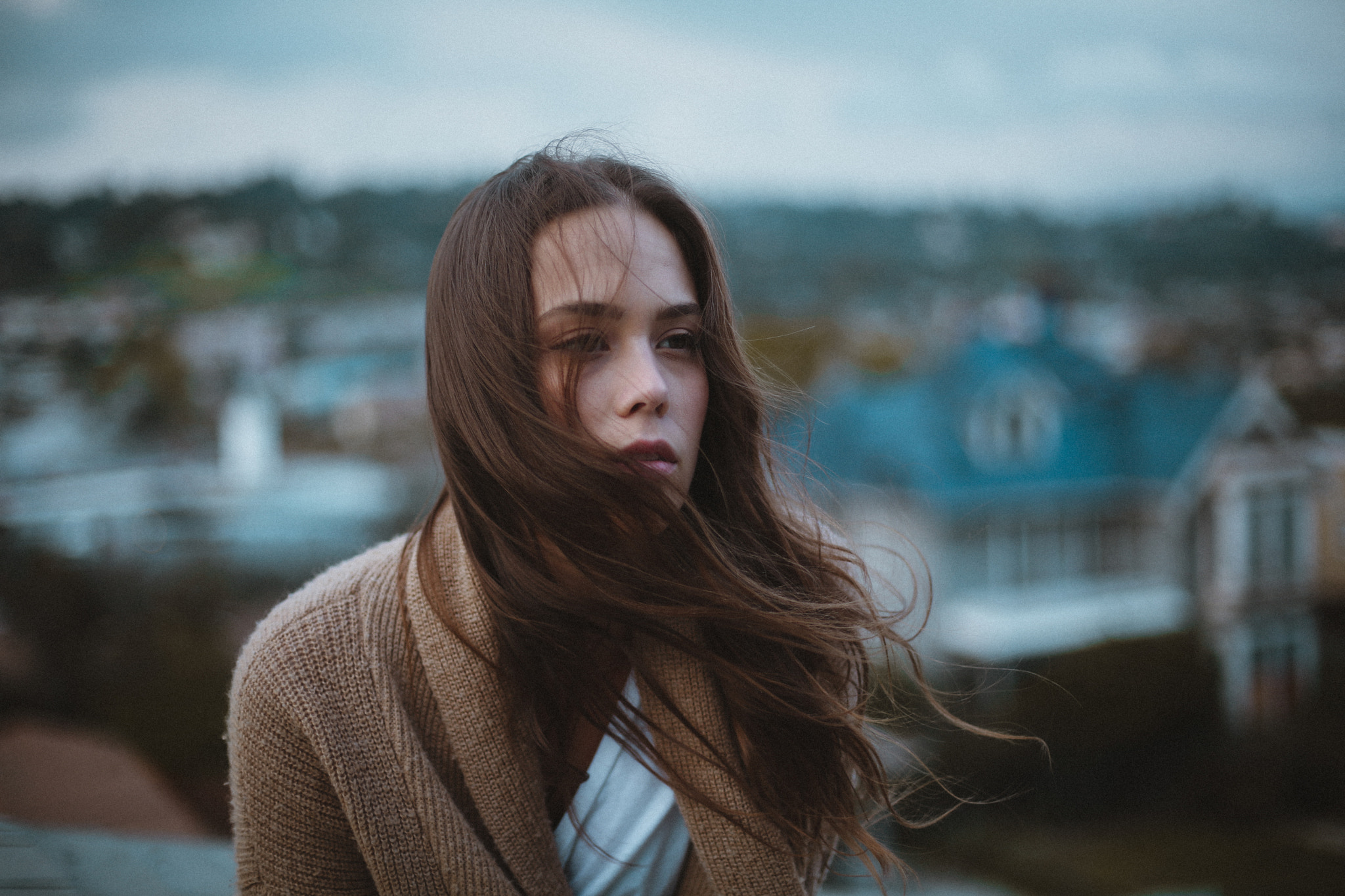 People 2048x1365 women Jeancarlo Brocato Claire Chapelli brunette white shirt cardigan brown eyes open mouth bokeh windy hair blowing in the wind