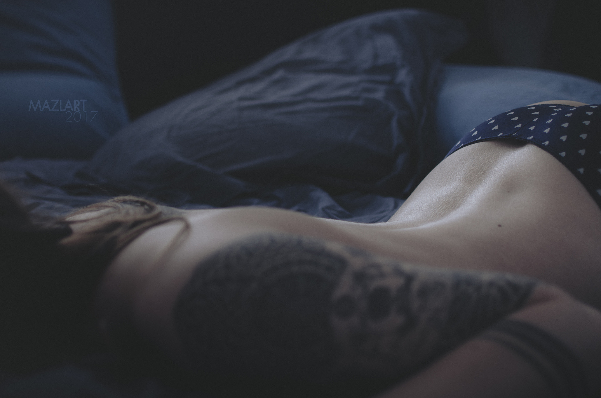 People 2048x1357 women brunette topless blue panties back Océane Leflon tattoo lying on front