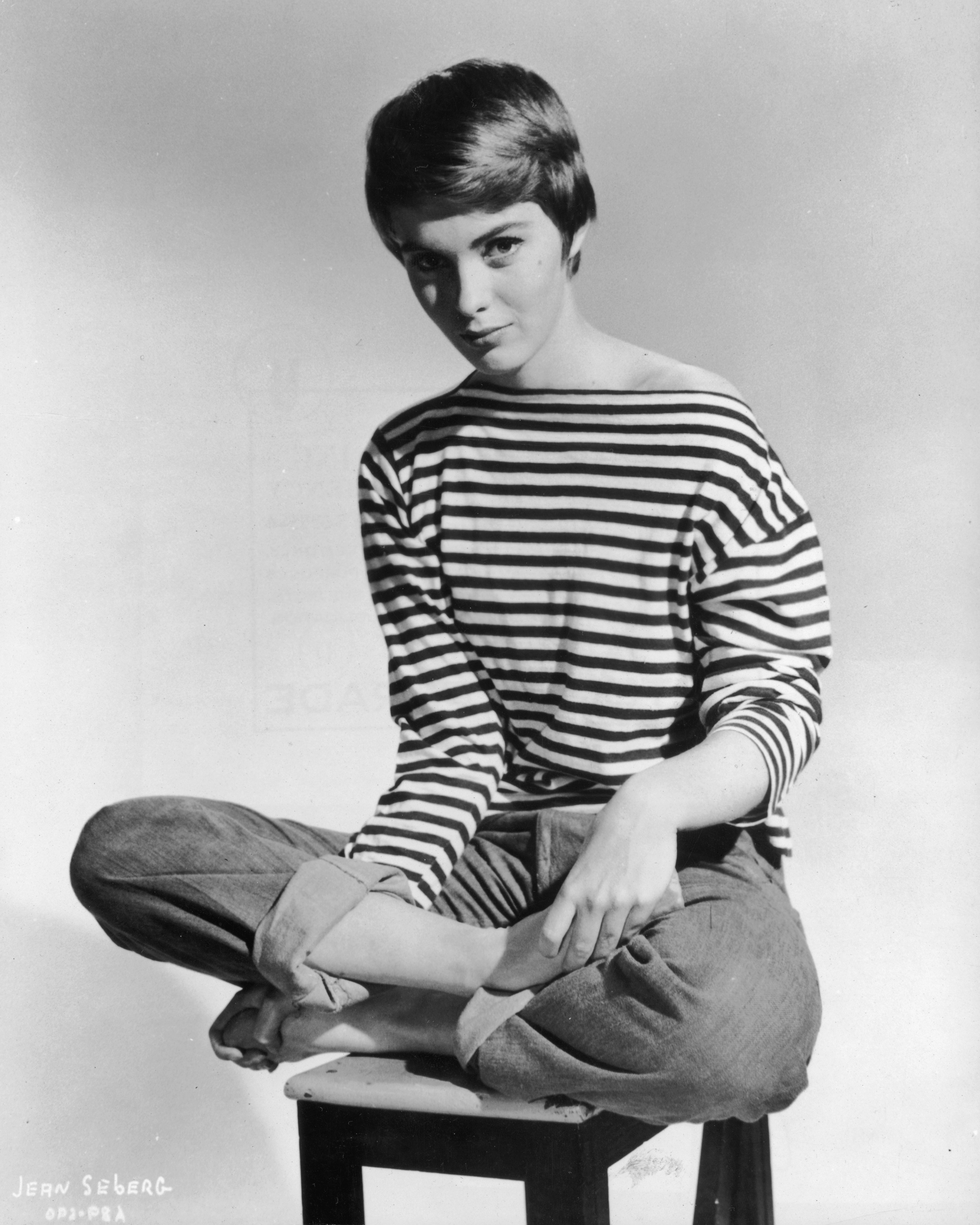 People 2817x3520 Jean Seberg actress women monochrome vintage barefoot short hair jeans stripes looking at viewer striped tops watermarked portrait display simple background