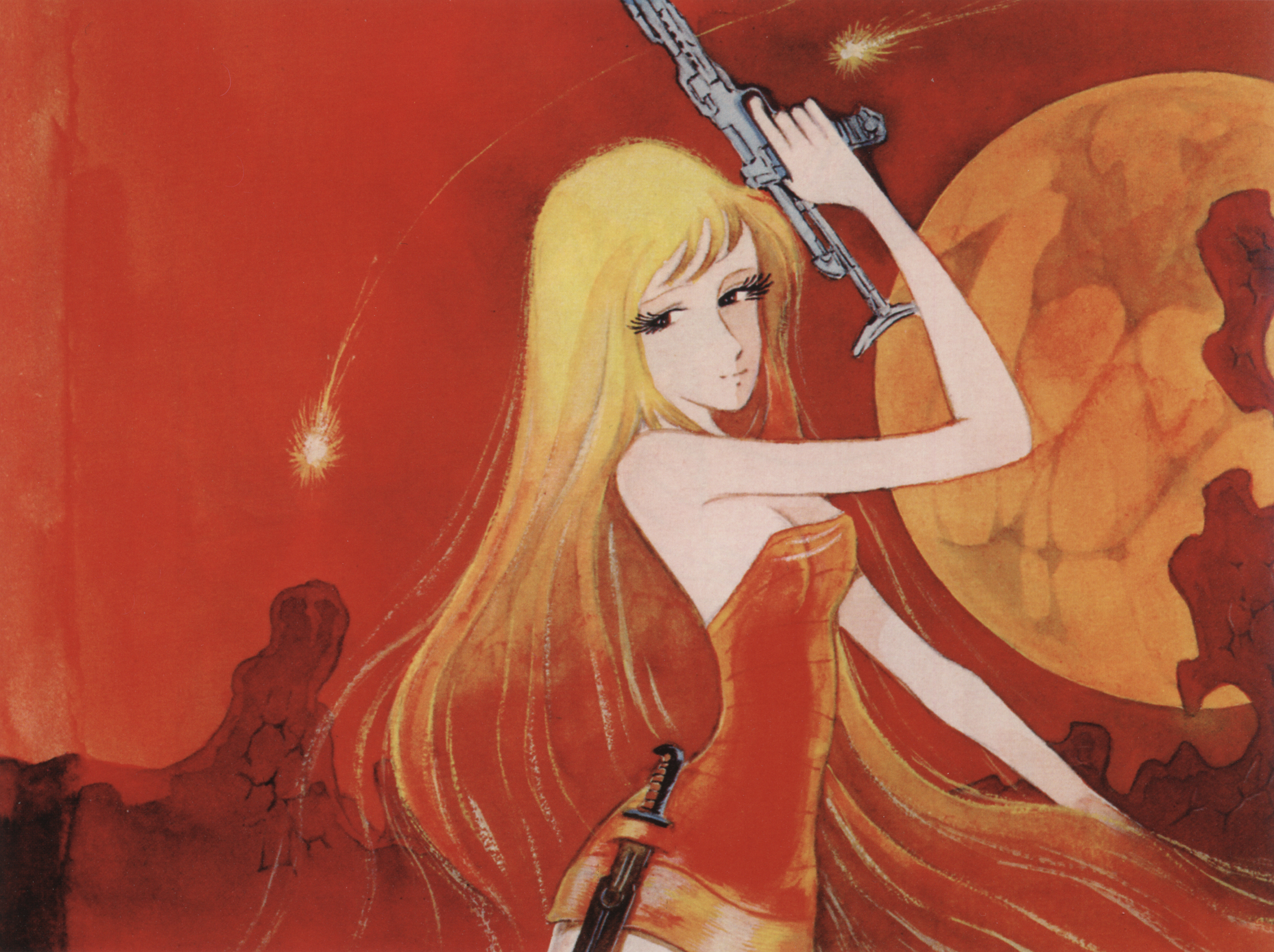 General 2675x2000 Leiji Matsumoto space women red dress gun weapon girls with guns blonde long hair
