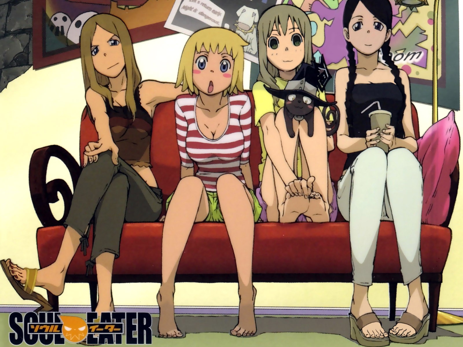 Anime 1600x1200 Soul Eater anime girls Tsubaki Nakatsukasa Maka Albarn Patricia Thompson Elizabeth Thompson Blair couch legs sitting