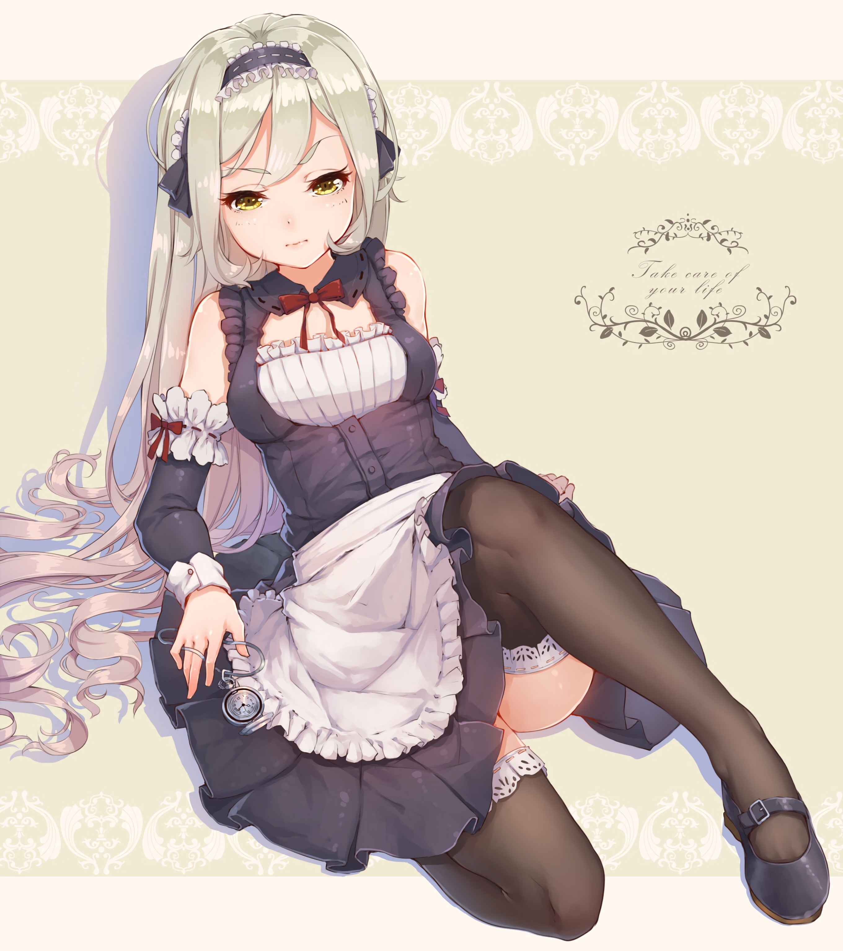 Anime 2720x3068 anime anime girls looking at viewer long hair white hair simple background dress detached sleeves yellow eyes thigh-highs maid outfit maid pocket watch frills stockings black stockings