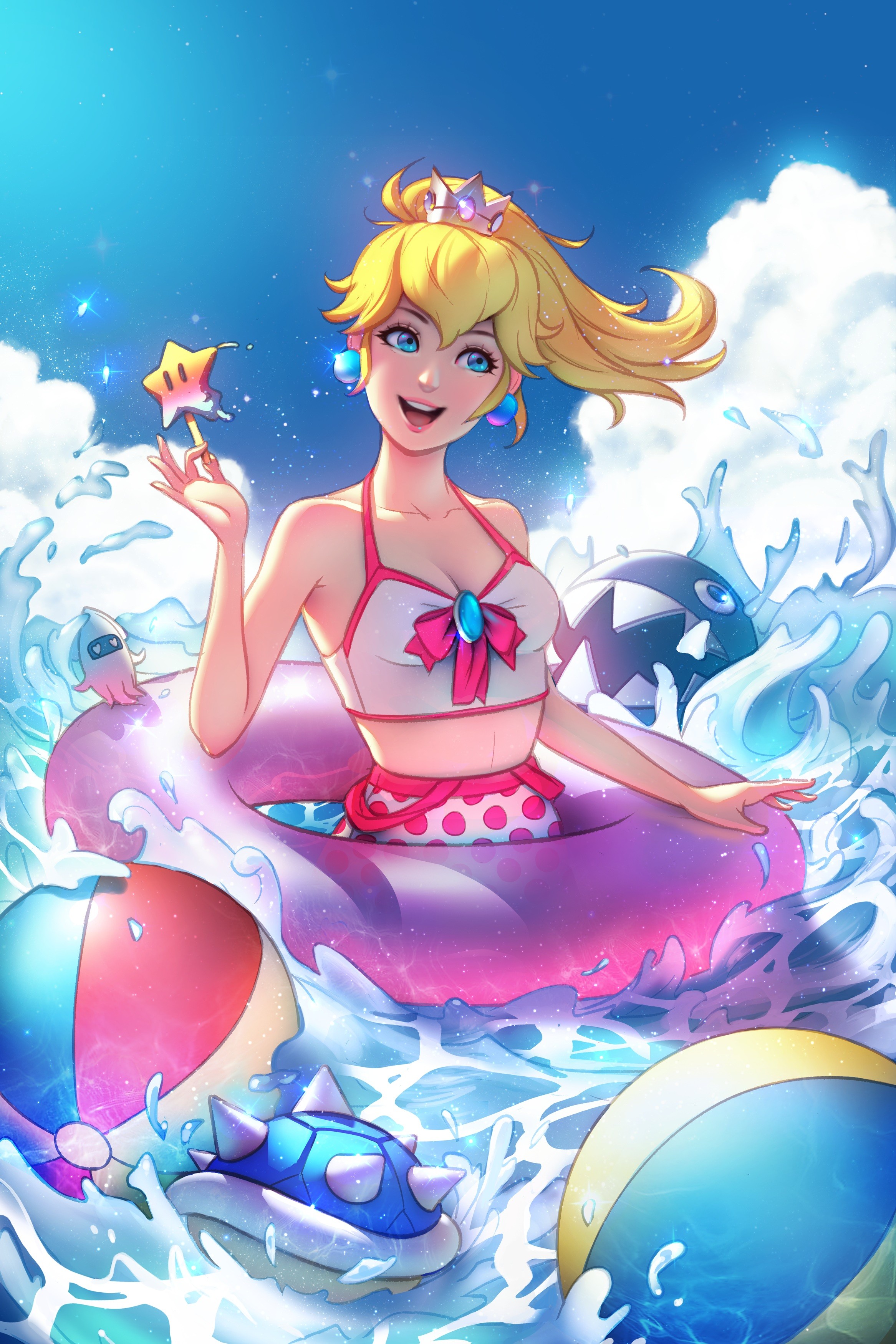 Anime 2333x3500 Jonathan Hamilton blue eyes Princess Peach in water water open mouth blonde happy video games Nintendo fan art video game girls video game characters standing in water beach ball floater