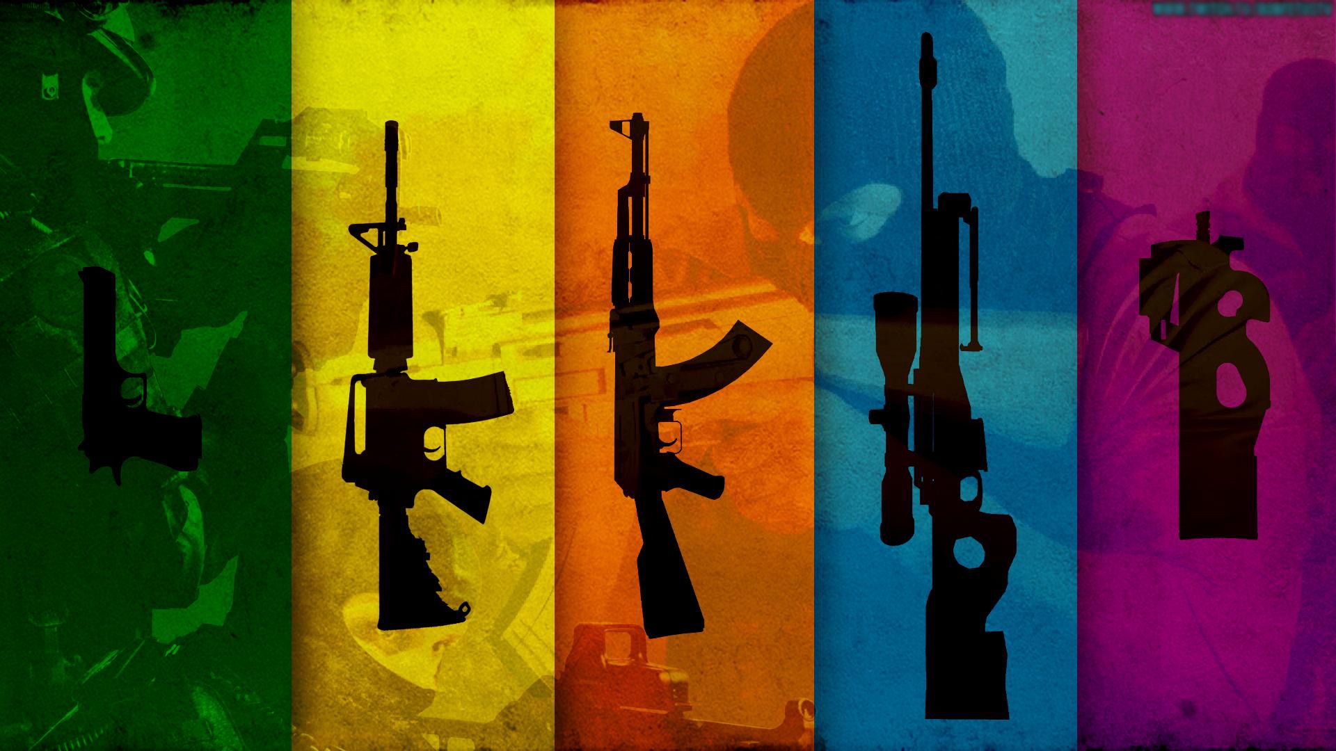 General 1920x1080 gun Counter-Strike: Global Offensive Counter-Strike AK-47 M4A1 video games shooter sniper rifle pistol collage FN P90 colorful rainbows spectrum