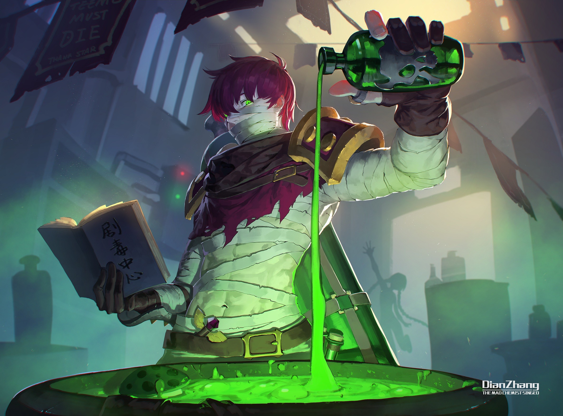 Anime 2370x1754 bandage books gloves green eyes League of Legends magic men belly button redhead short hair silhouette Singed