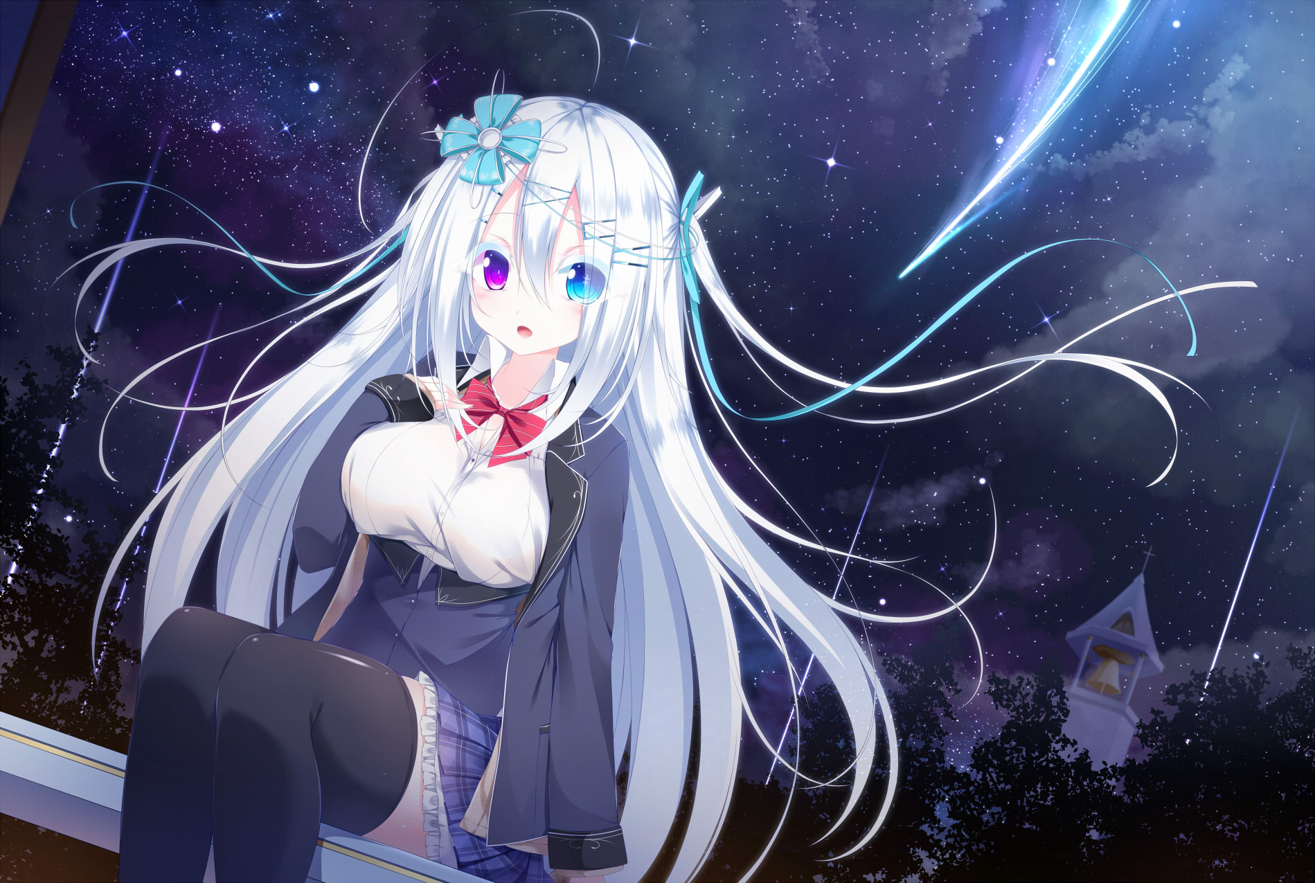 Anime 1899x1275 heterochromia sky night long hair white hair anime girls anime school uniform Yoaferia