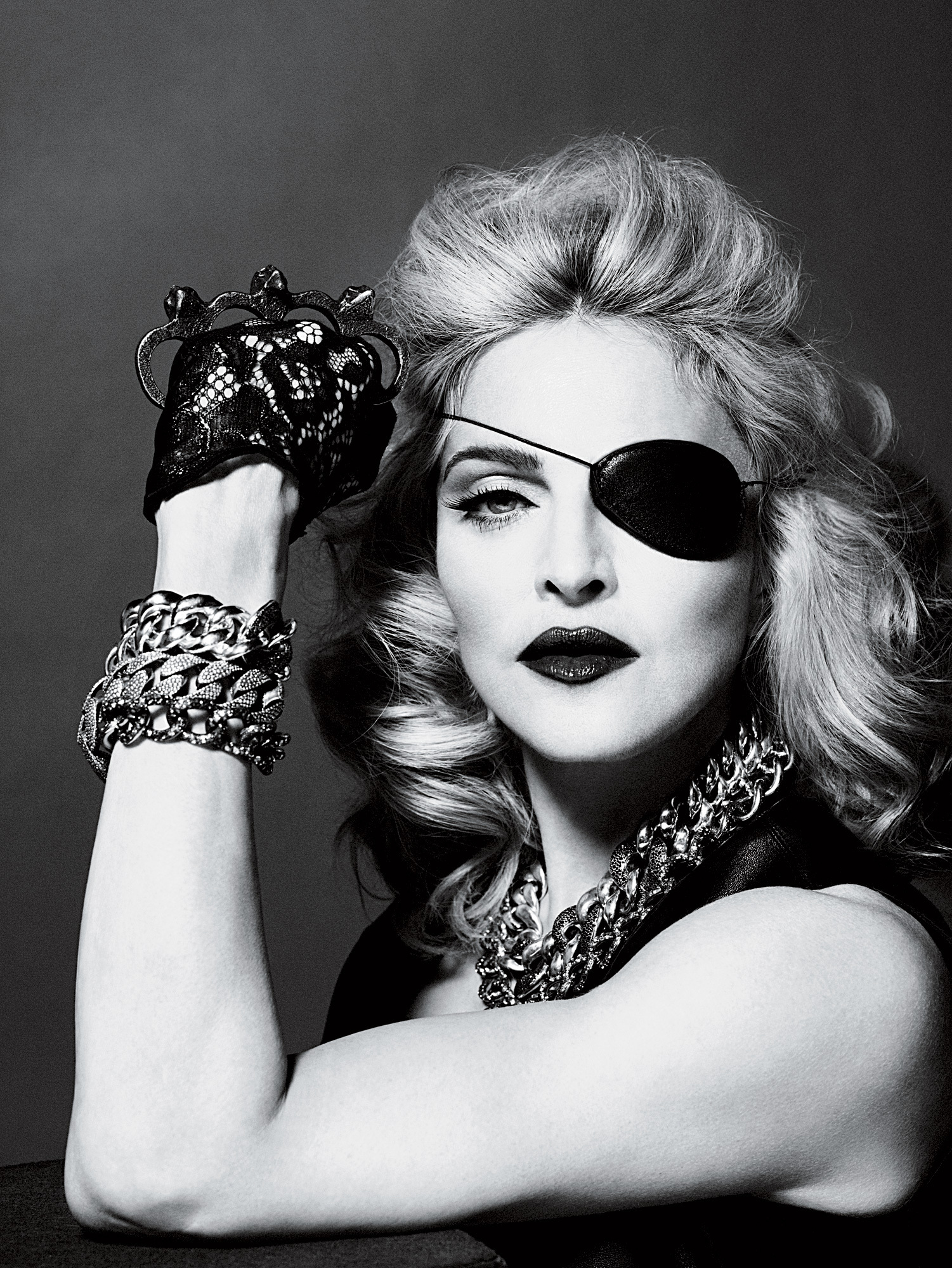 People 1501x2000 Madonna singer monochrome necklace bracelets lipstick eyepatches women