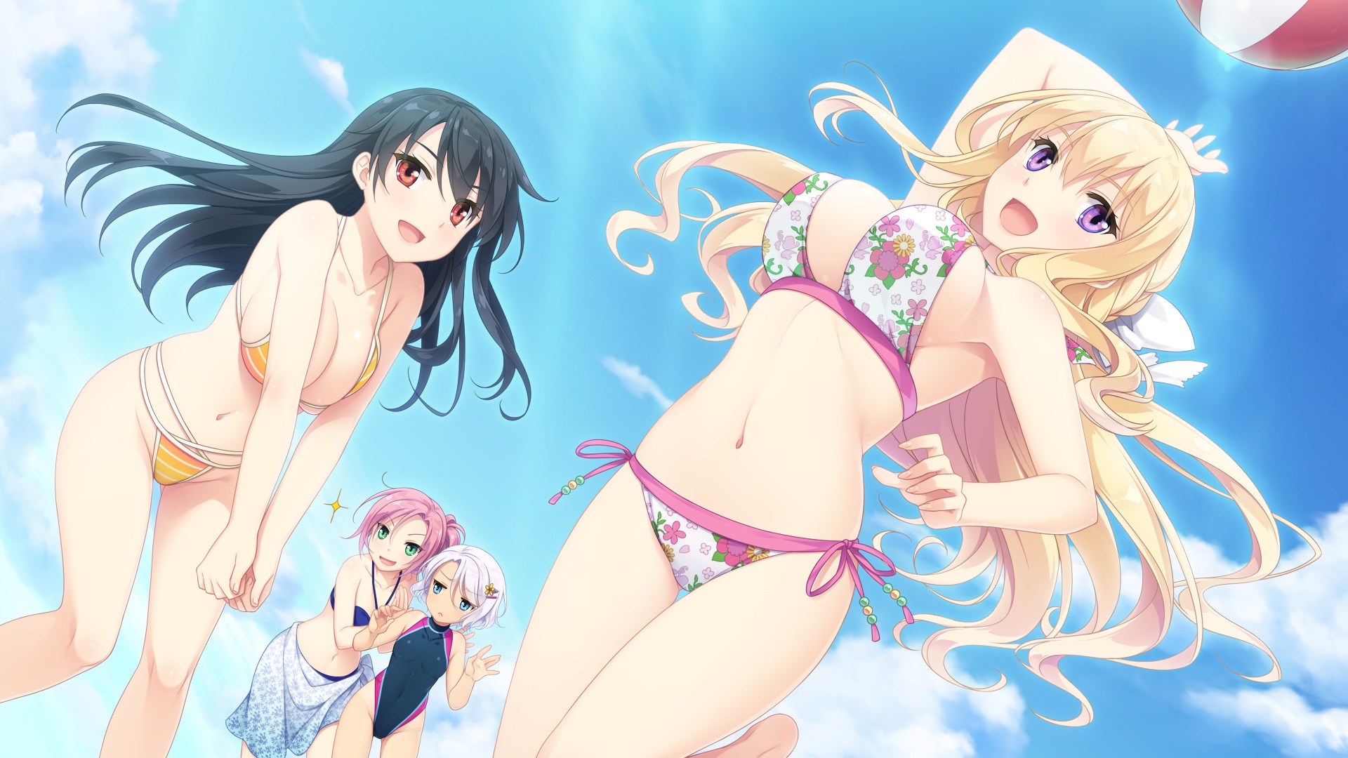 Anime 1920x1080 ball bikini boobs cleavage Game CG sky anime girls Saeki Hokuto
