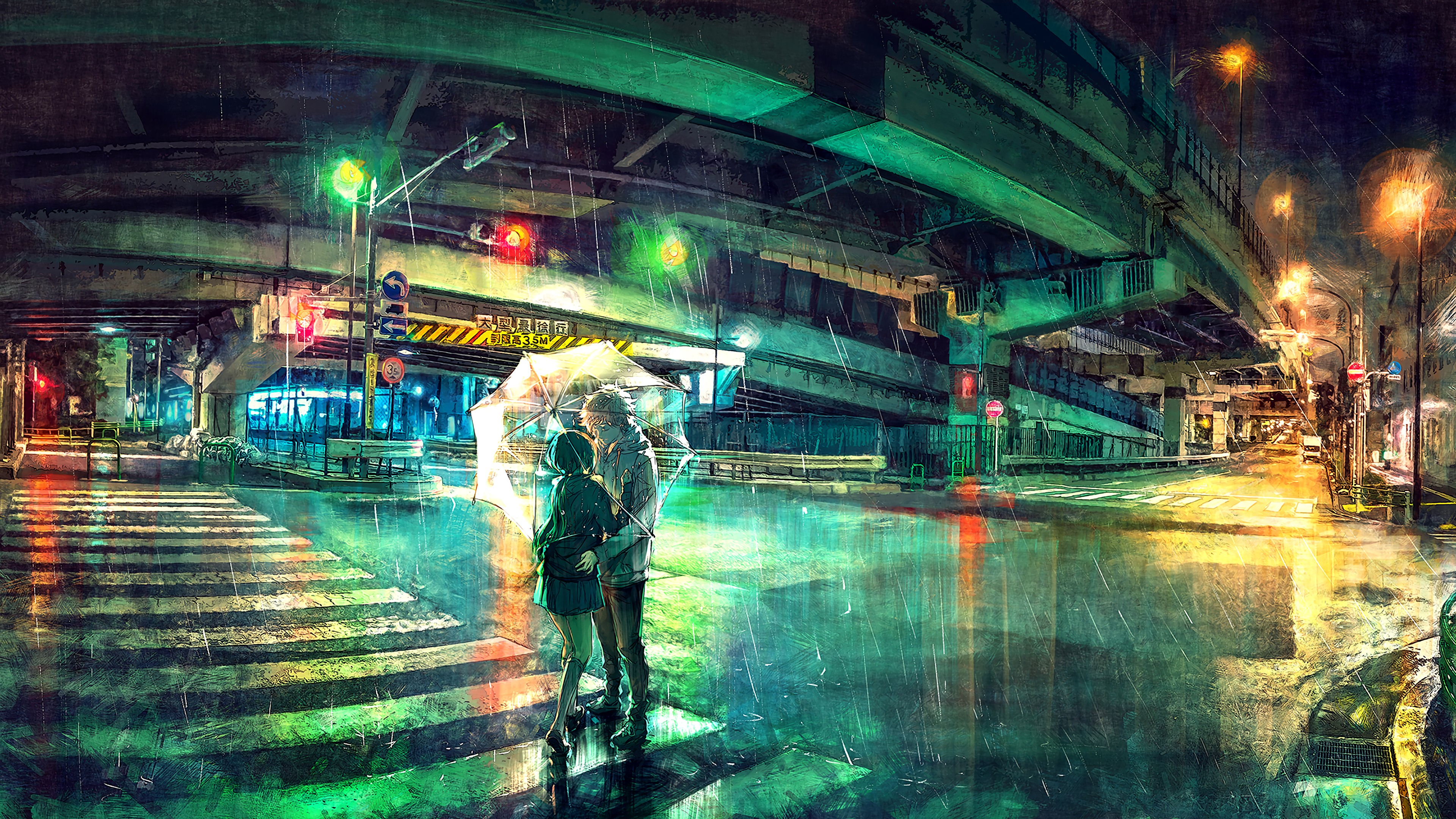 Anime 3840x2160 colorful overpass umbrella rain night lights