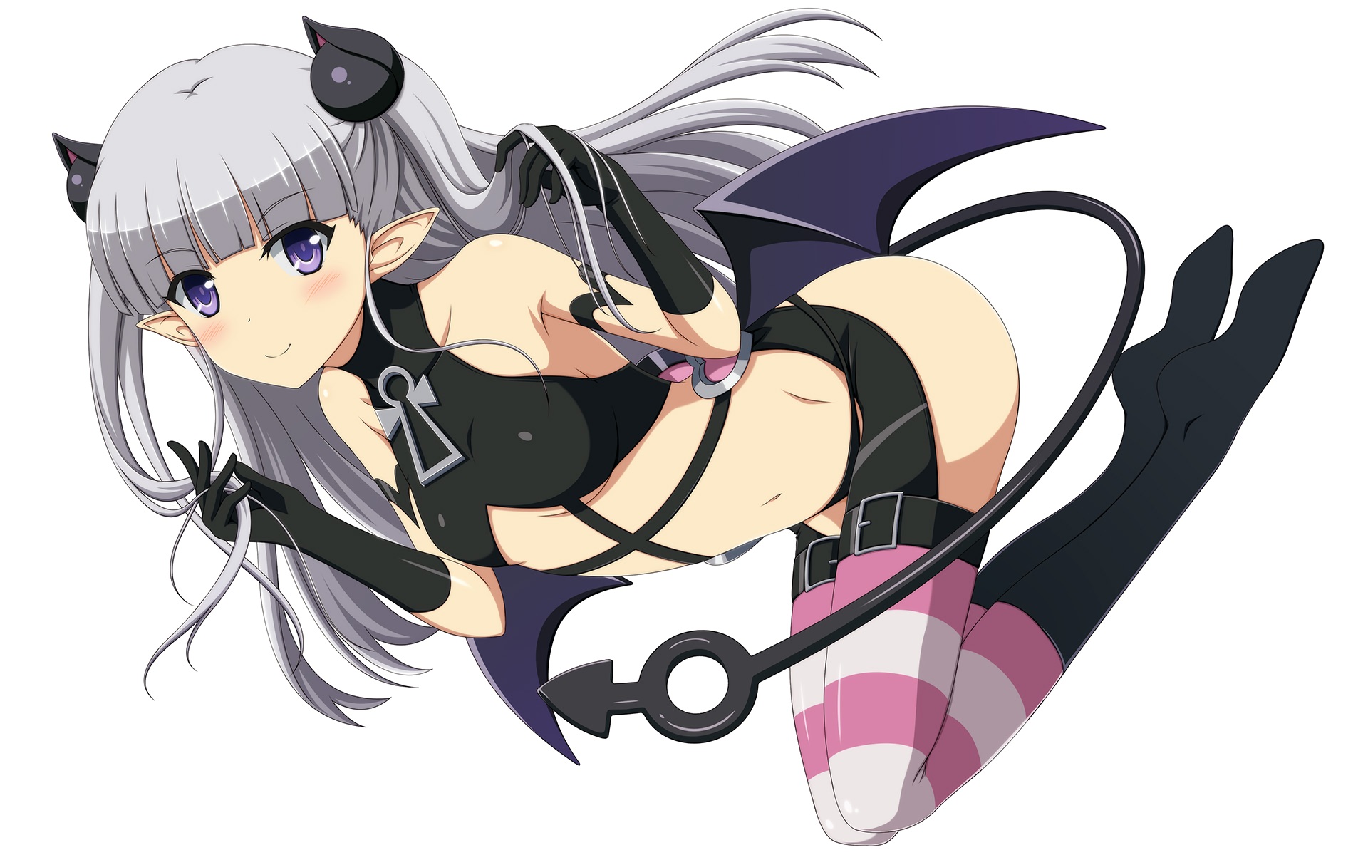 Anime 1920x1200 white background blushing small boobs garter belt gloves gray hair long hair belly button pointy ears purple eyes wings Shinmai Maou no Testament anime girls Maria Naruse