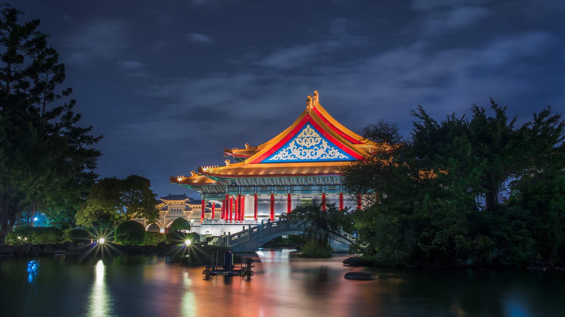 General 1920x1080 house lights nature trees night Asian architecture bridge Taipei Taiwan long exposure reflection theaters