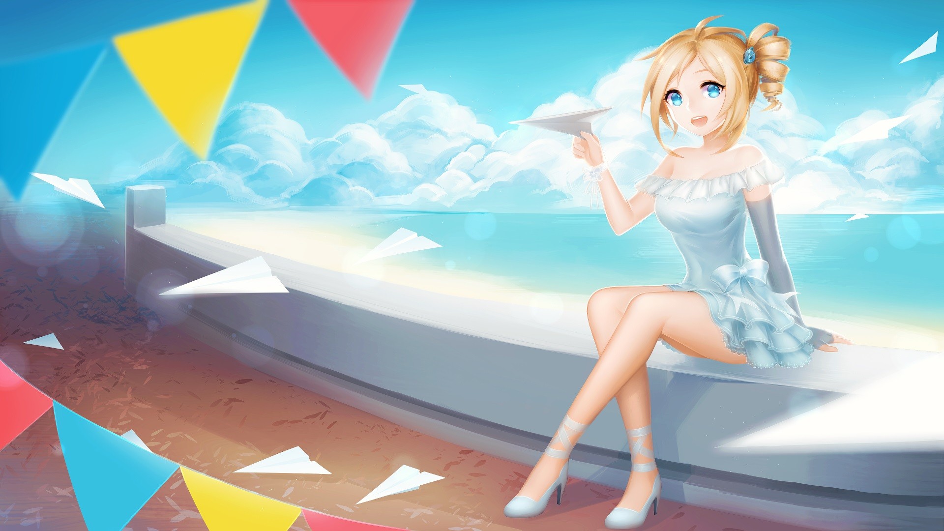 Anime 1920x1080 anime girls blue dress clouds blonde paper planes