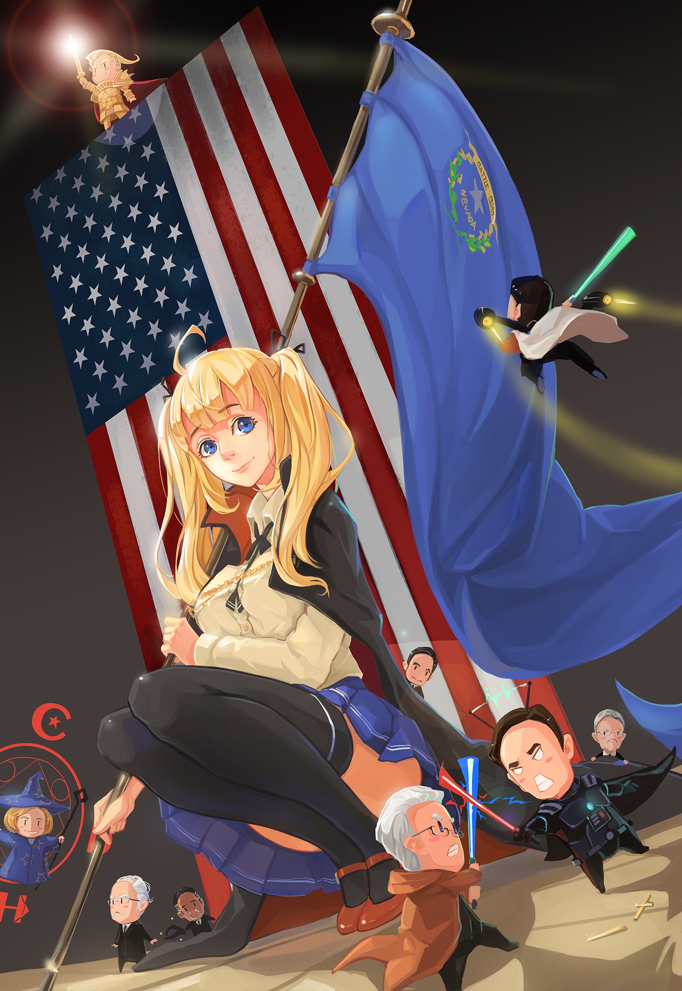 Official Licensed  US Flag w/ Anime Girl Hook Backed