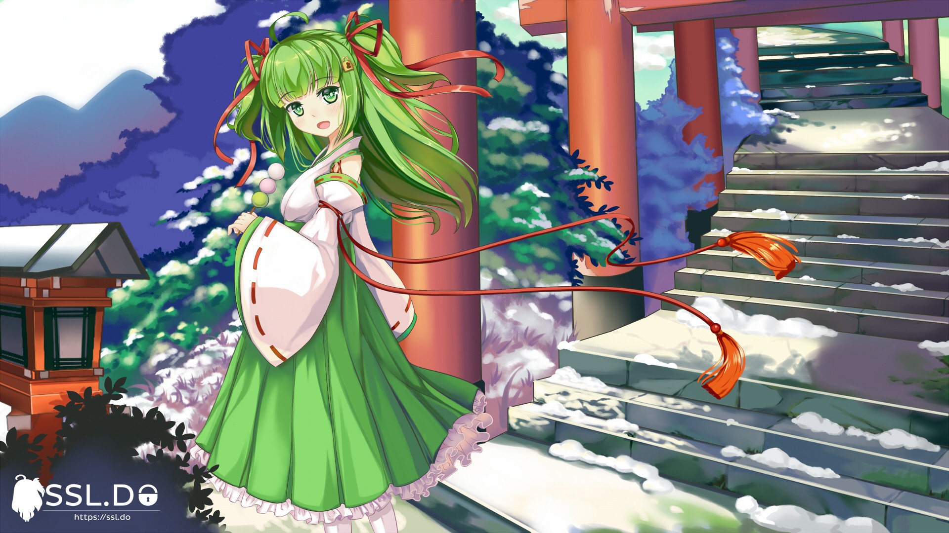 Anime 1920x1080 anime anime girls dress green eyes green hair long hair snow trees