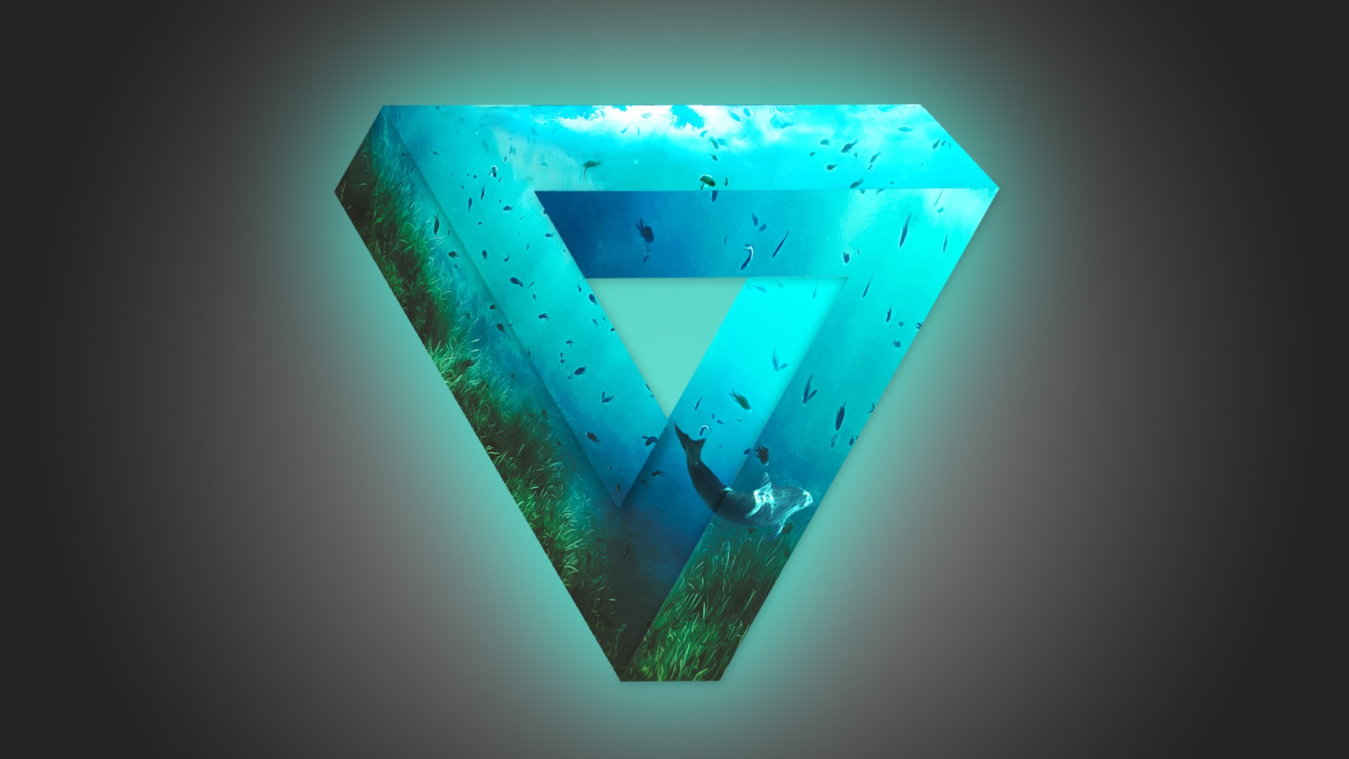 General 1920x1080 soft gradient  triangle glowing fish photoshopped whale Penrose triangle underwater optical illusion minimalism turquoise cyan