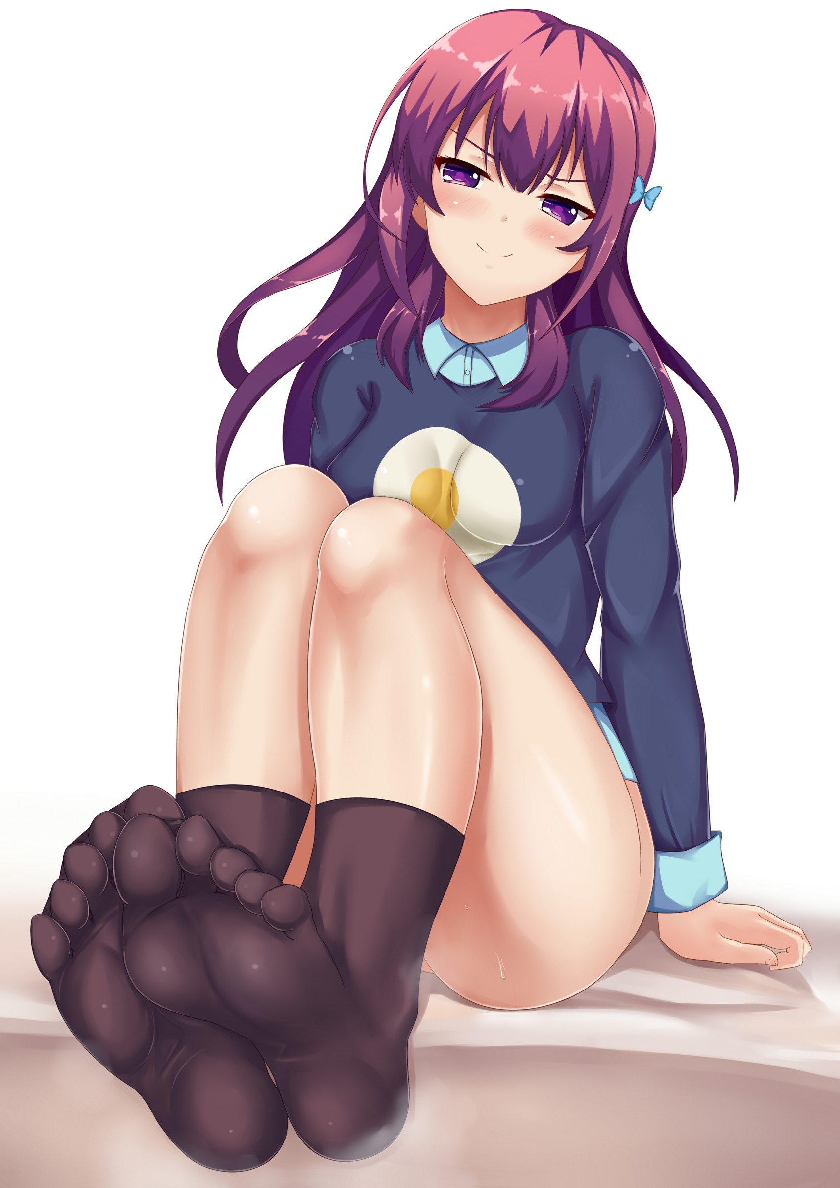 Anime 1697x2400 anime anime girls socks legs long hair purple hair purple eyes Karasuma Chitose (Girlish Number) Girlish Number bottomless Otono Fei feet legs together knees thick thigh brunette