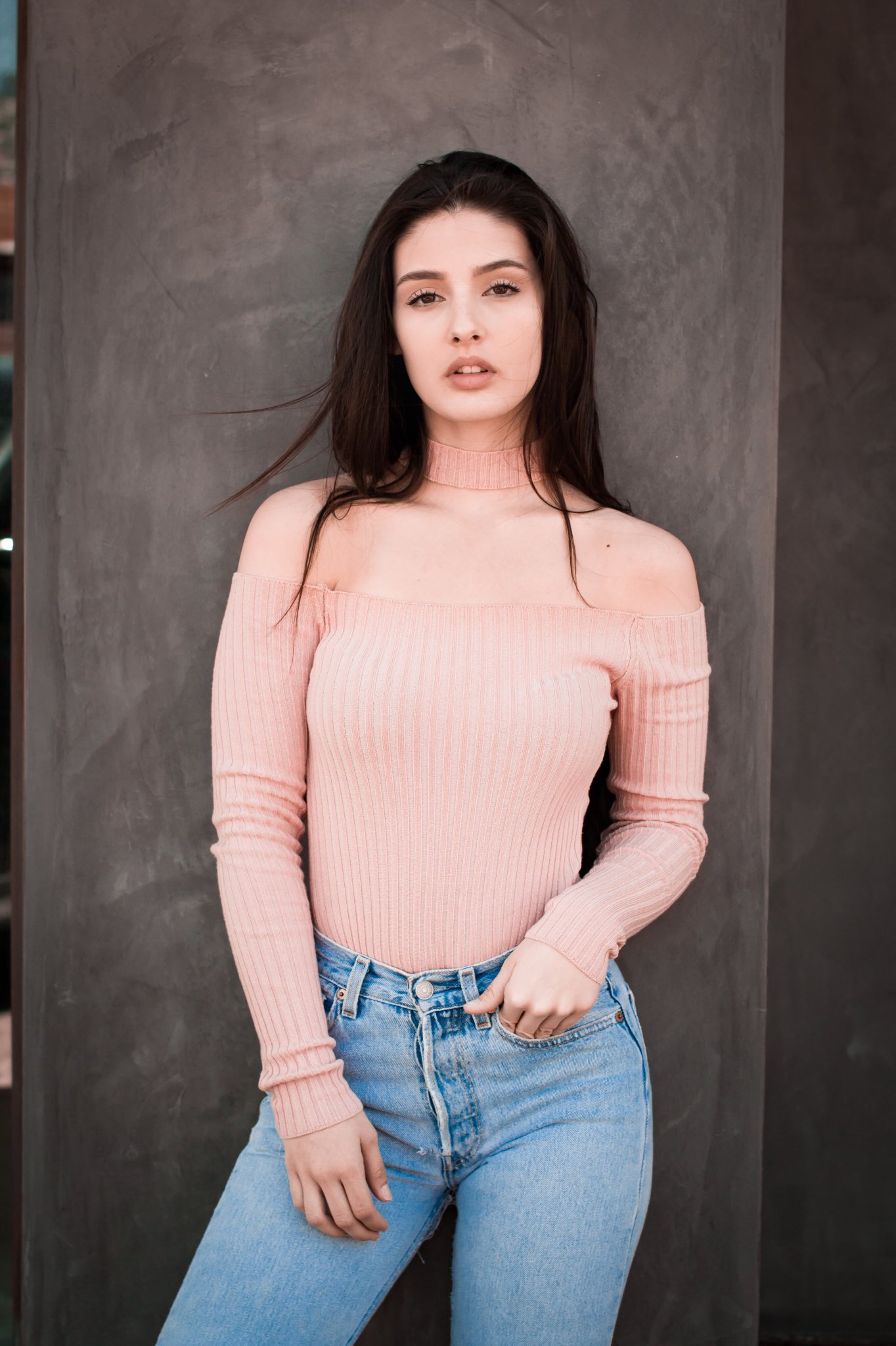 People 1364x2048 Natalie Gibson model pink sweater jeans brunette long hair women looking at viewer open mouth brown eyes women outdoors hands in pockets