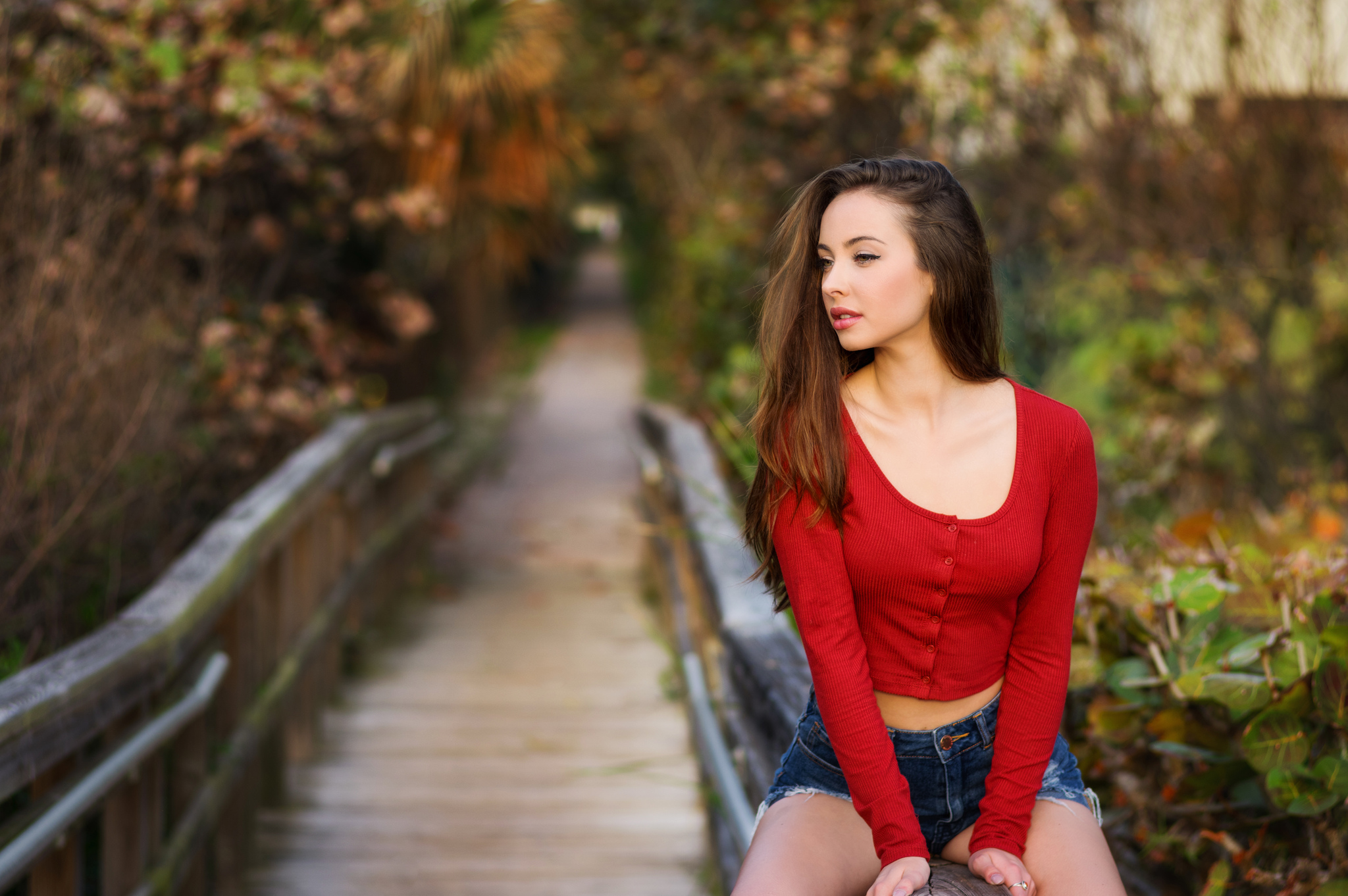 People 2048x1362 Theresa Grant model women outdoors women crop top jean shorts looking away red sweater brunette long hair sitting short shorts pale blue shorts