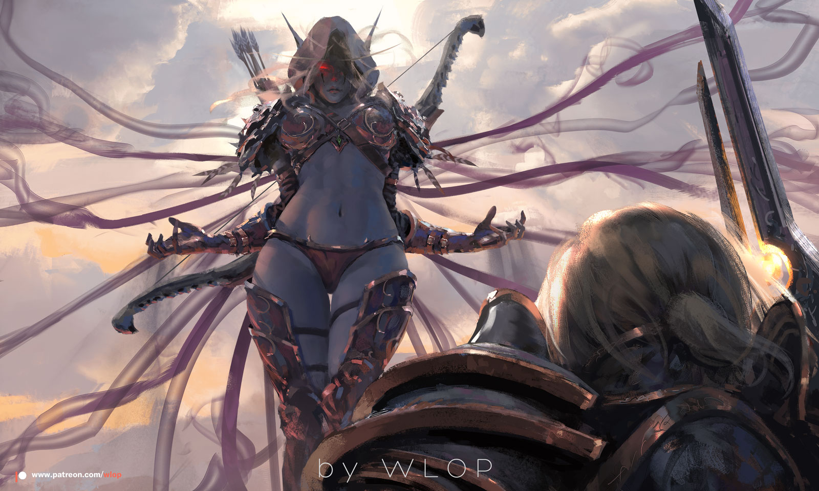 General 1600x960 Sylvanas Windrunner World of Warcraft Anduin Wrynn WLOP low-angle elves long eyebrows digital art watermarked