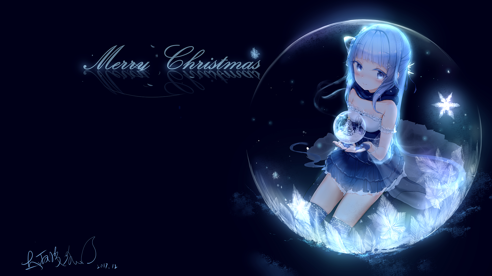 Anime 1920x1080 Christmas ball blue eyes blue hair blushing dress long hair scarf thigh-highs