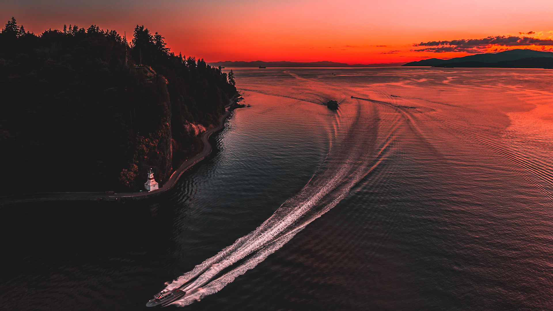 General 1920x1080 photography sunset boat British Columbia aerial view low light Canada water