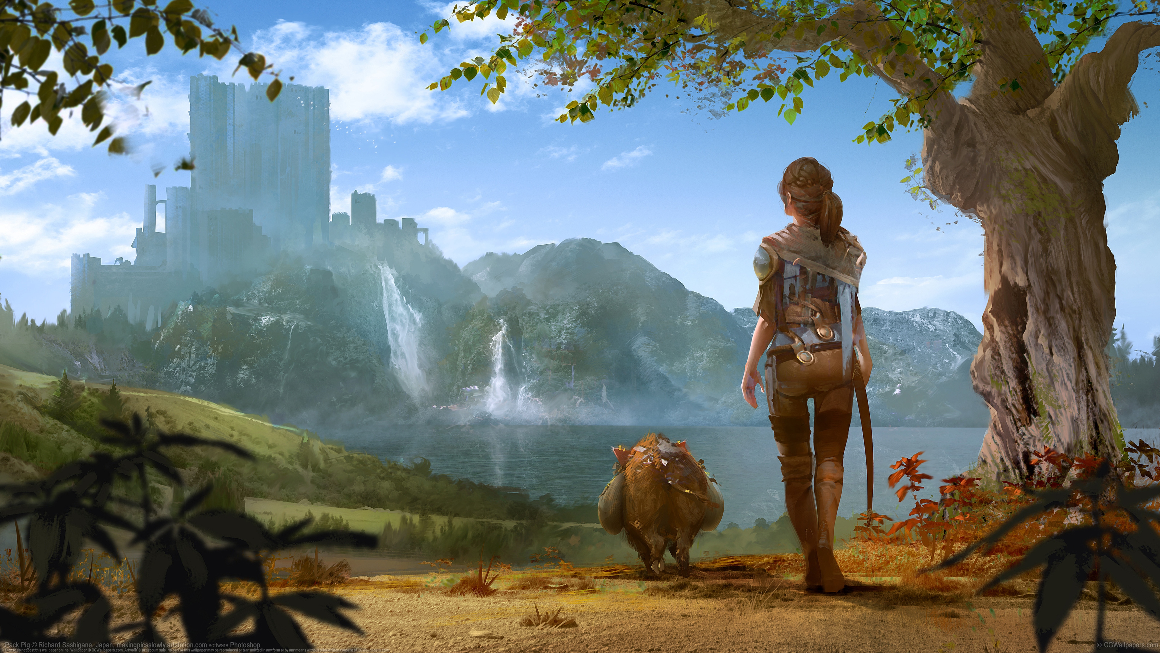 Anime 3840x2160 Girls Avenue back walking artwork far view lake trees castle anime girls looking into the distance