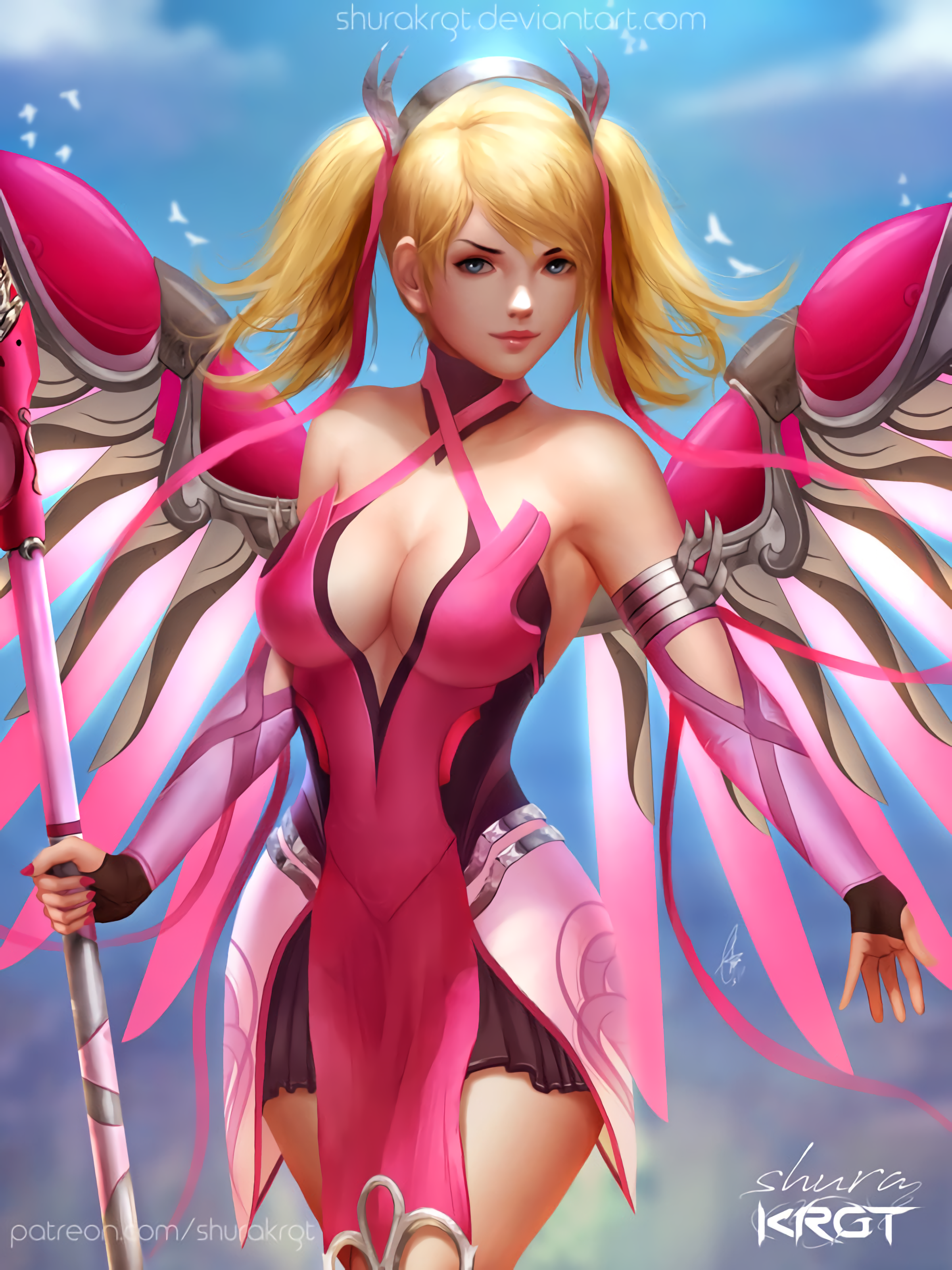 General 2400x3200 Overwatch Mercy (Overwatch) Pink Mercy (Overwatch) wings blonde video game characters PC gaming DeviantArt boobs long hair standing video game girls fan art