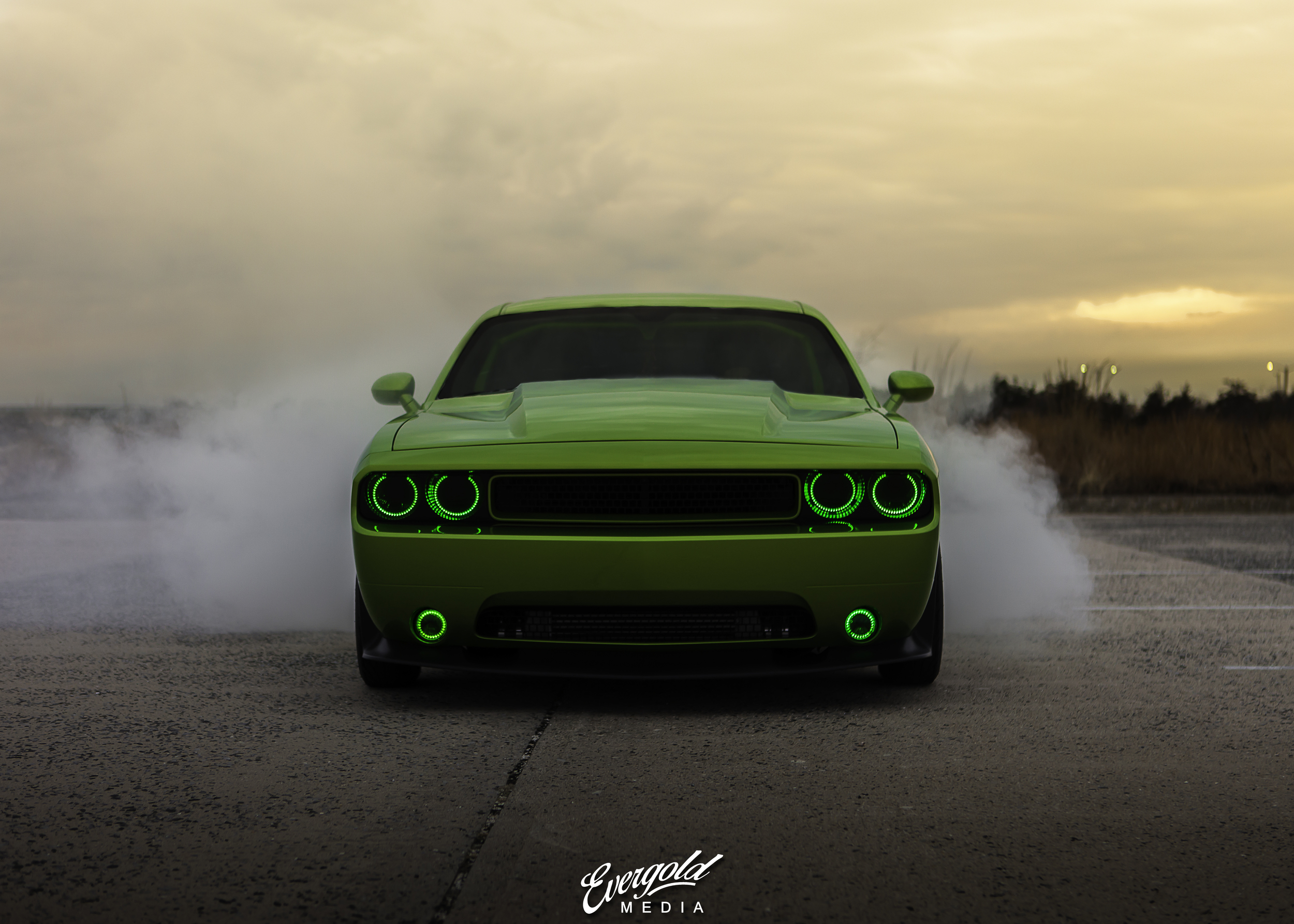 General 2500x1786 car green cars smoke Dodge Dodge Challenger frontal view muscle cars American cars Stellantis