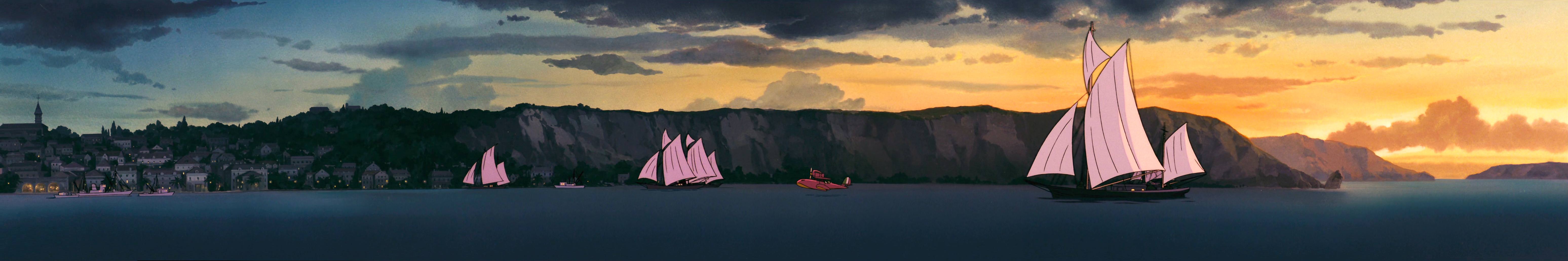 Anime 6190x1032 Studio Ghibli anime boat sea sky