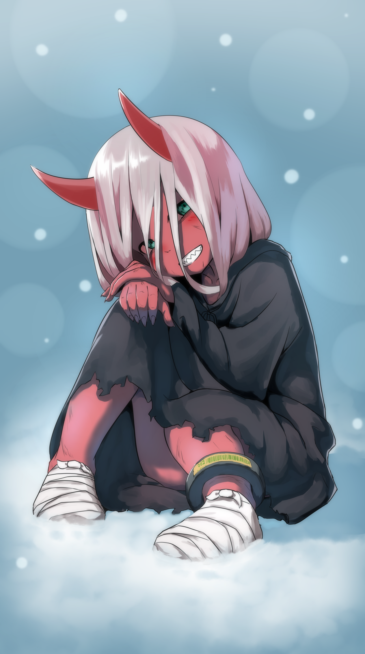 Anime 1264x2264 simple background bandages Darling in the FranXX feet horns Zero Two (Darling in the FranXX) red skin oni girl oni smiling sitting winter snow blushing