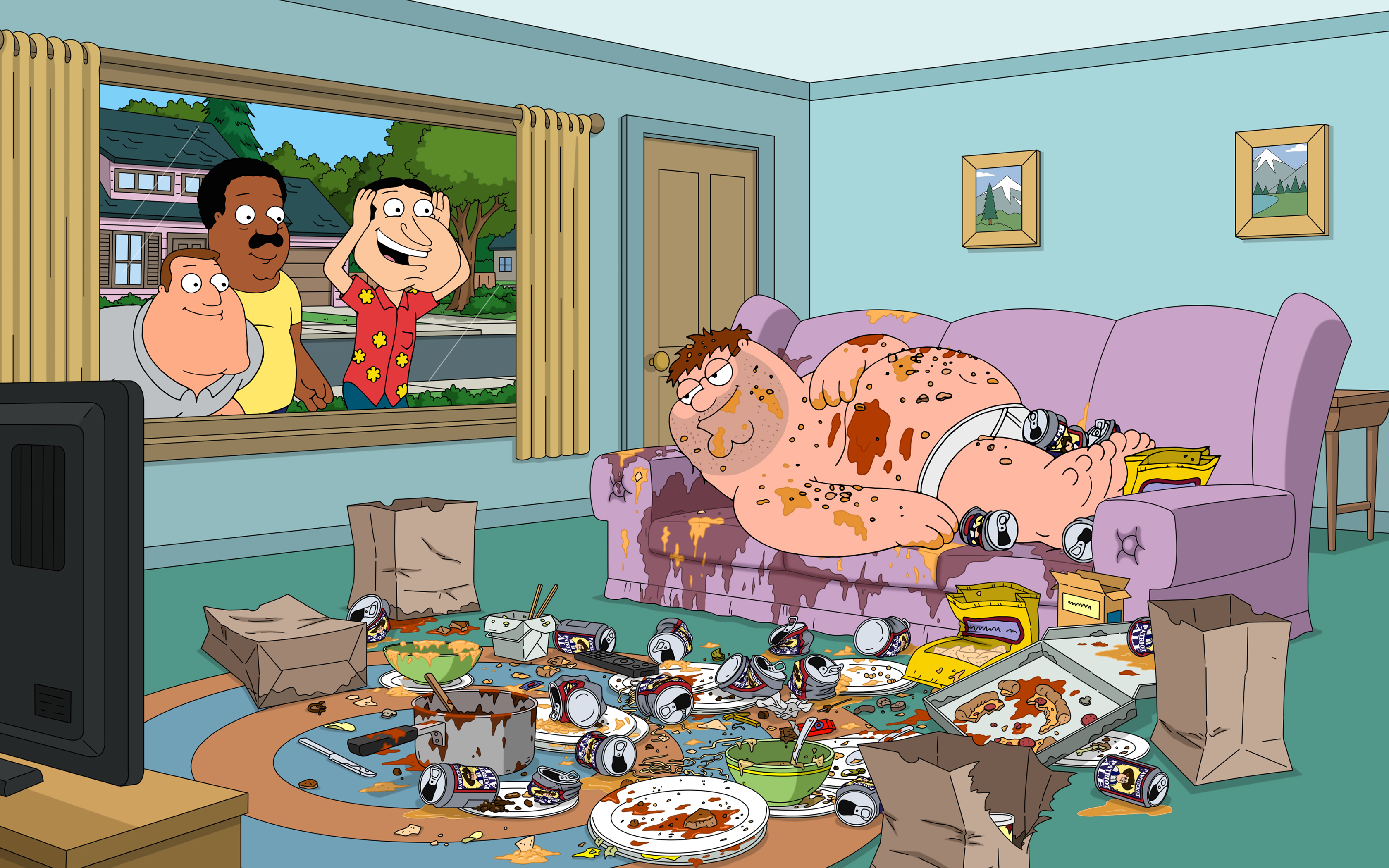 General 3360x2100 Family Guy Peter Griffin TV series Glenn Quagmire Super Bowl humor digital art messy Joe Swanson window Cleveland Brown food men indoors couch TV smiling can plates curtains carpet bowls box