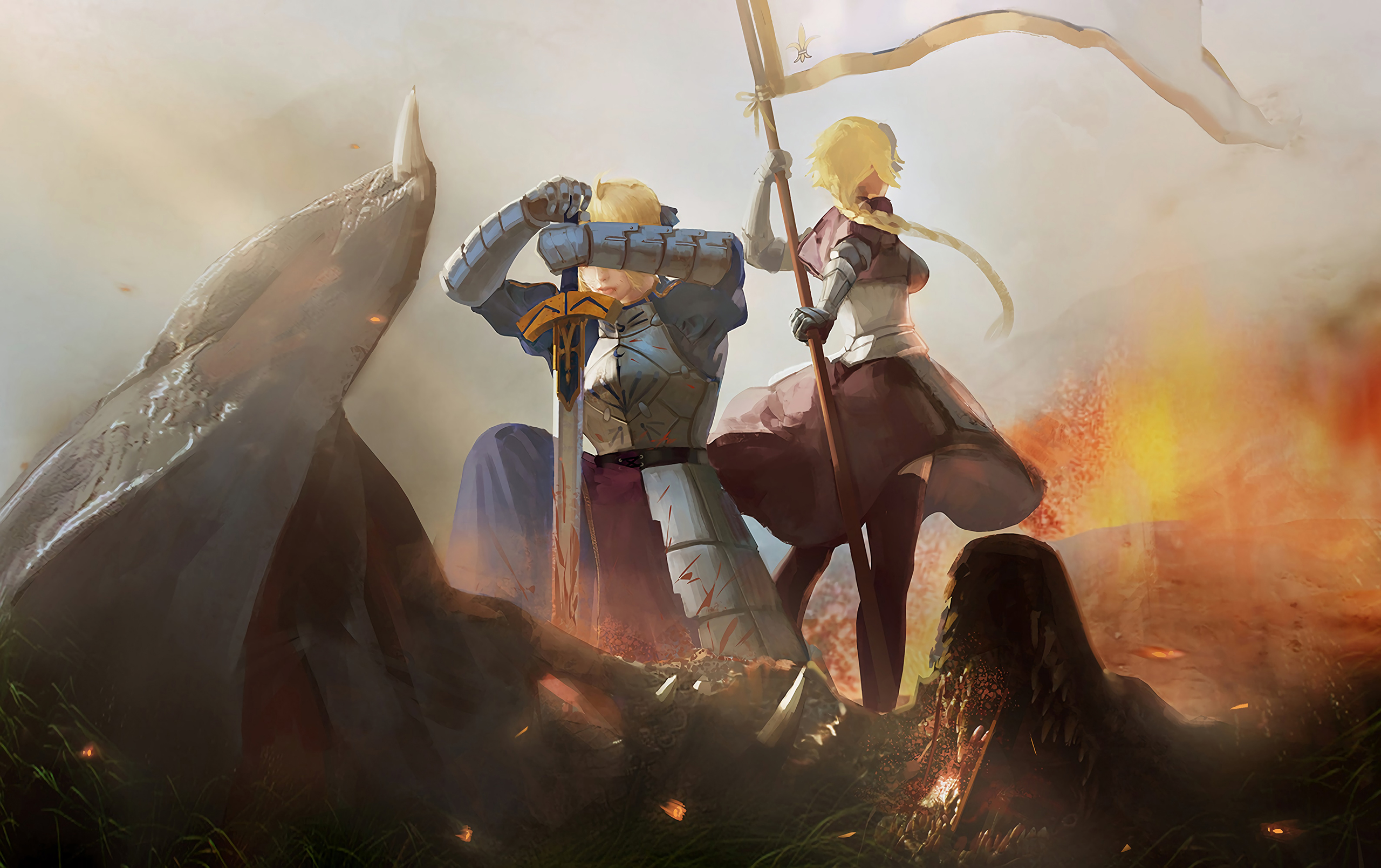 Anime 2560x1609 Fate/Grand Order Fate series Ruler (Fate/Grand Order) Saber Artoria Pendragon spear flag creature fire Fleur de Lis blood anime girls blonde long hair video games Fate/Stay Night Fate/Apocrypha  Jeanne d'Arc (Fate) 2D armored woman women with swords fan art