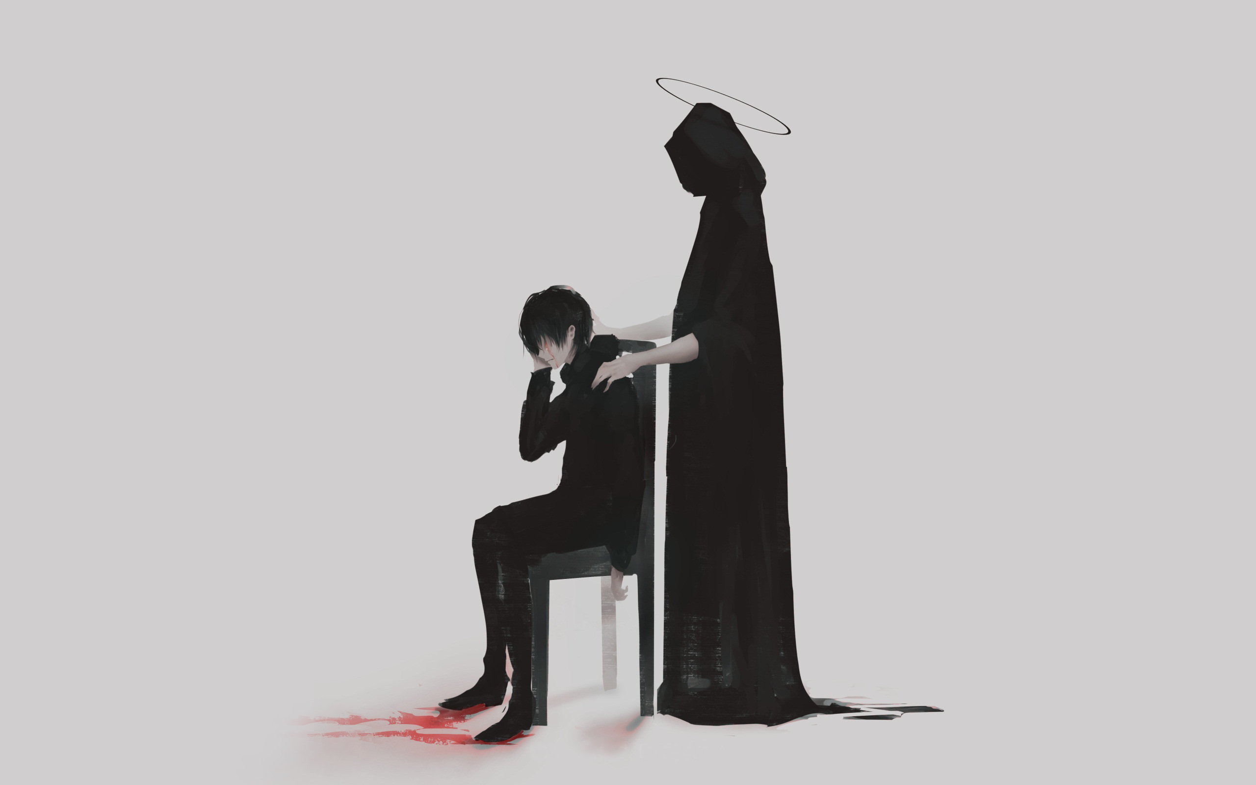 Anime 2560x1600 blood simple background Aoi Ogata artwork black clothing sitting crying gray background Tunic