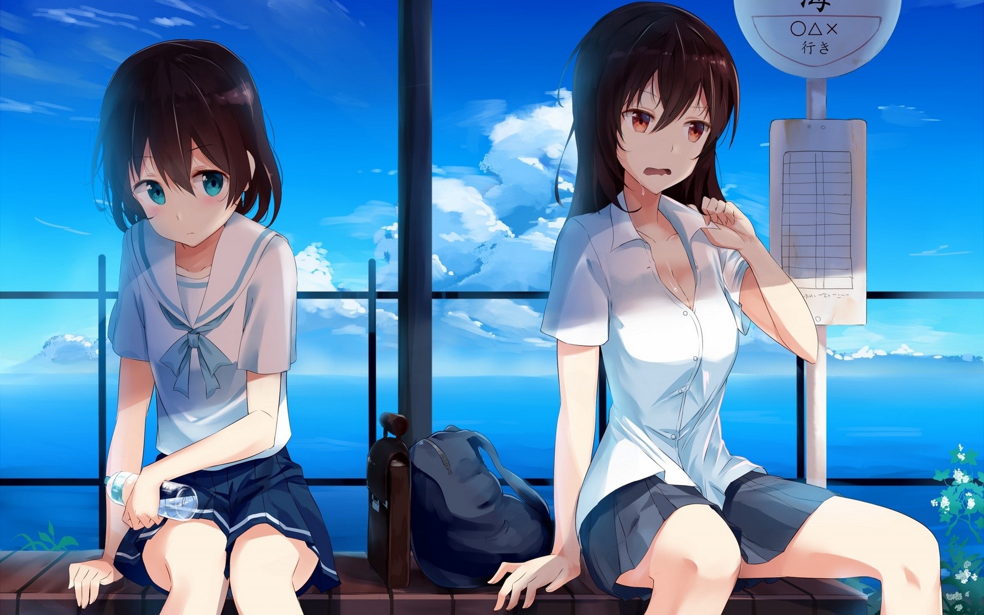 Anime 1920x1200 sea sky clouds school uniform original characters anime girls anime Pixiv skirt two women aqua eyes red eyes knees sweat