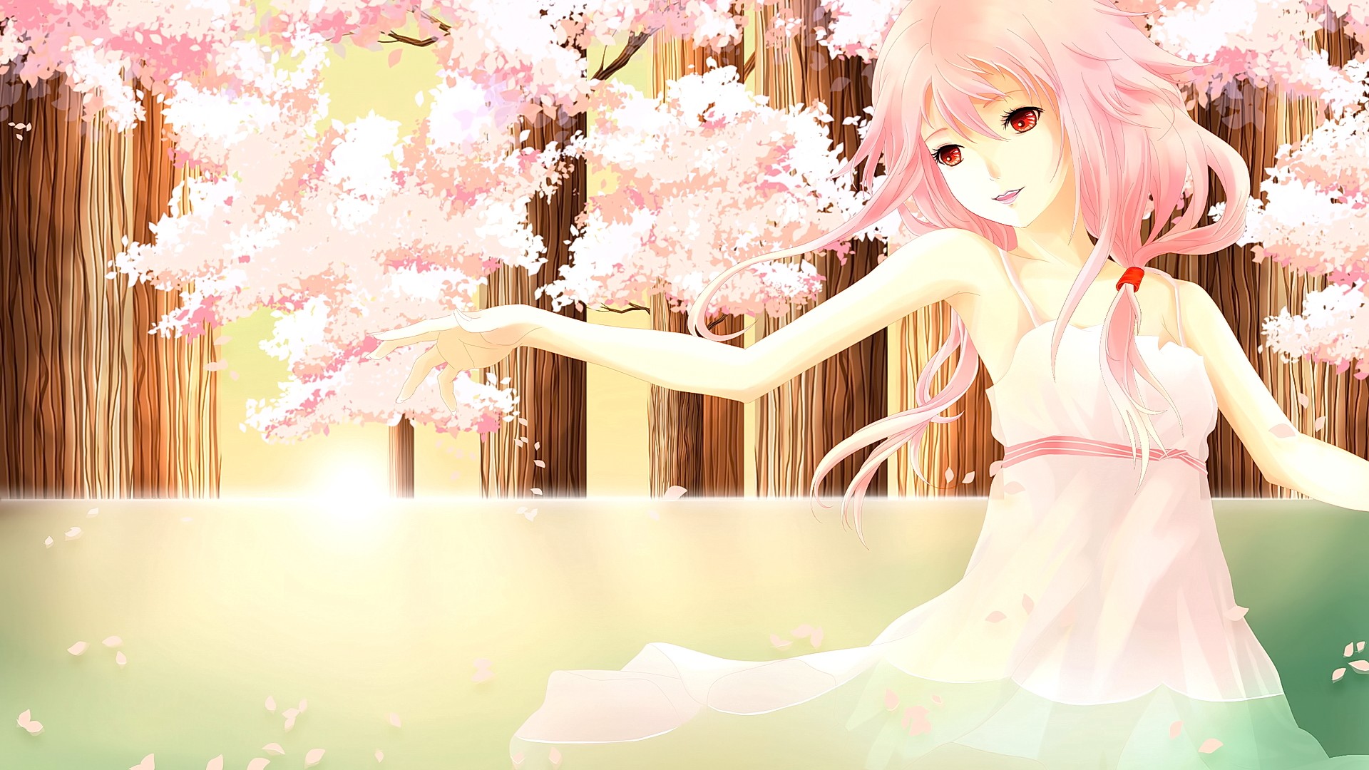 Anime 1920x1080 anime anime girls long hair pink hair red eyes smiling cherry blossom looking away
