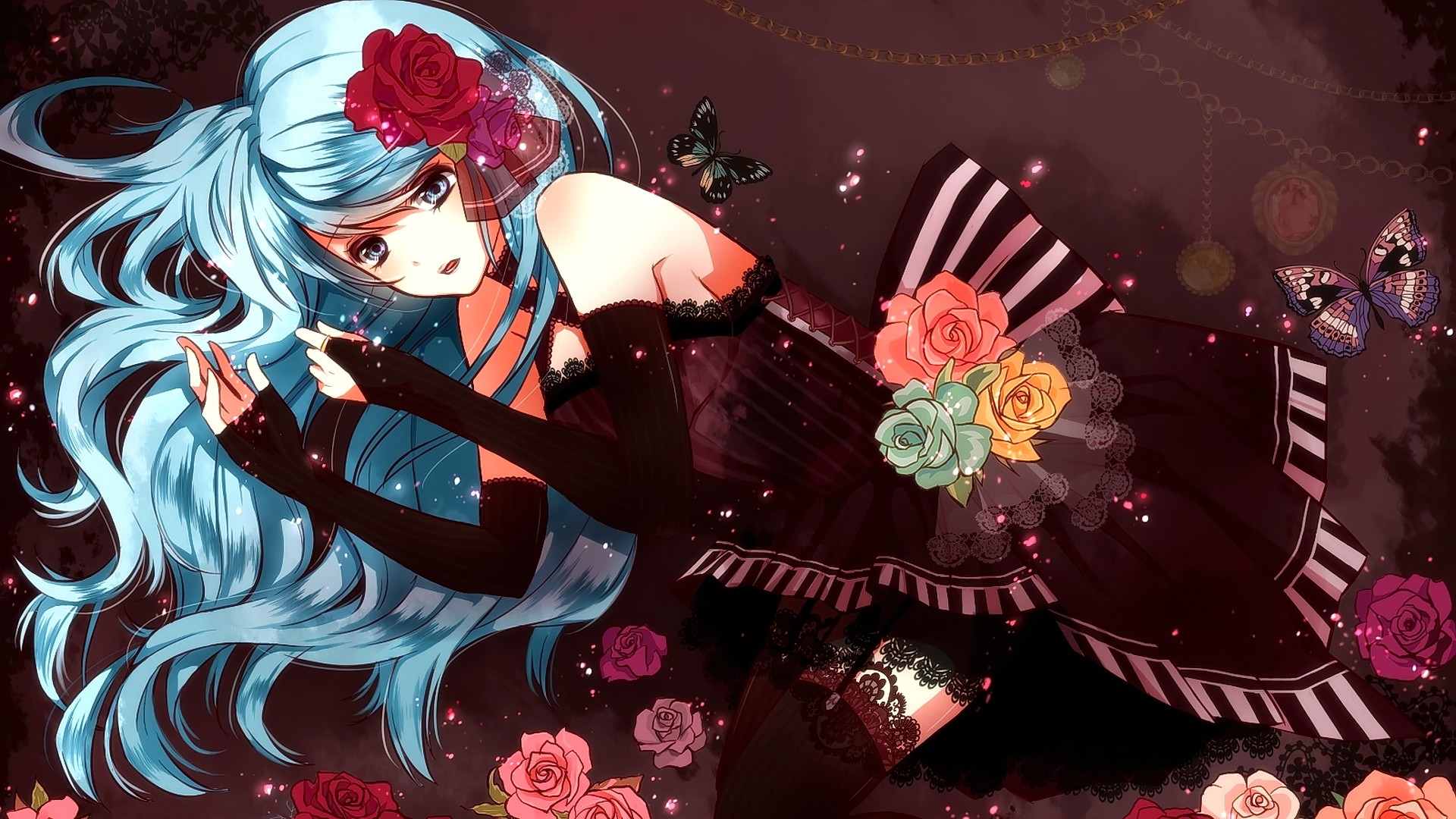 Anime 1920x1080 anime anime girls long hair cyan hair blue eyes looking at viewer fantasy art fantasy girl flower in hair flowers plants insect animals butterfly