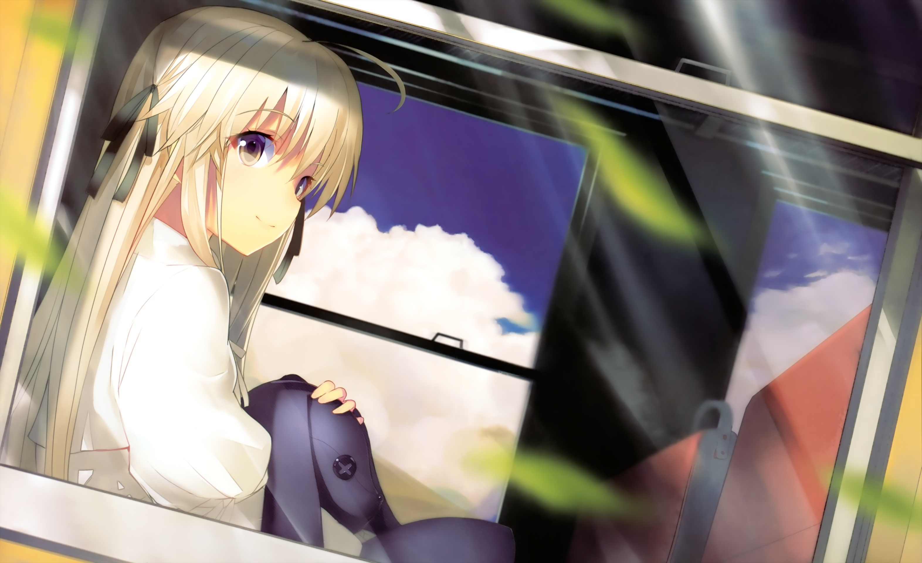 Anime 3144x1920 manga anime anime girls blonde looking out window train long hair plush toy