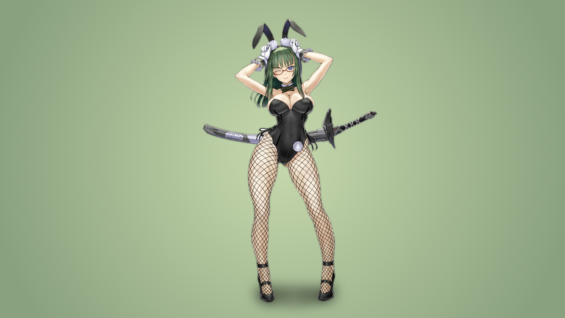Anime 1920x1080 anime girls sword arms up green hair simple background anime bunny girl bunny ears green background gradient pantyhose fishnet pantyhose bodysuit boobs big boobs women with glasses women with swords weapon one eye closed