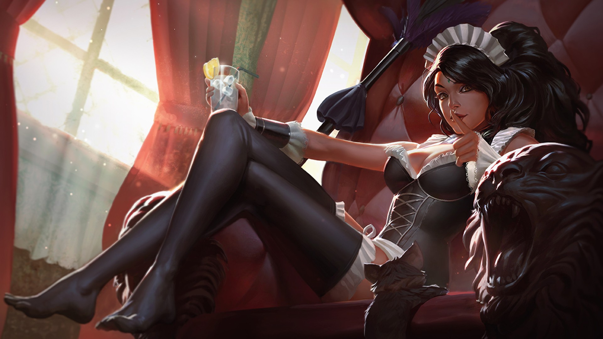 General 1920x1080 League of Legends Nidalee (League of Legends) maid stockings black stockings lingerie black lingerie legs crossed drinking glass PC gaming video game girls video game characters black hair long hair looking at viewer